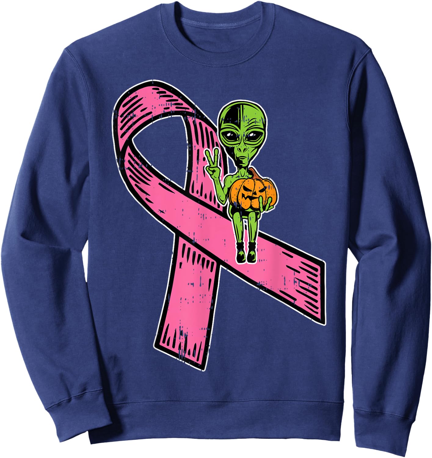 Pink Ribbon Alien Pumpkin Cool Halloween Breast Cancer Gifts Sweatshirt - Sweatshirt | Navy
