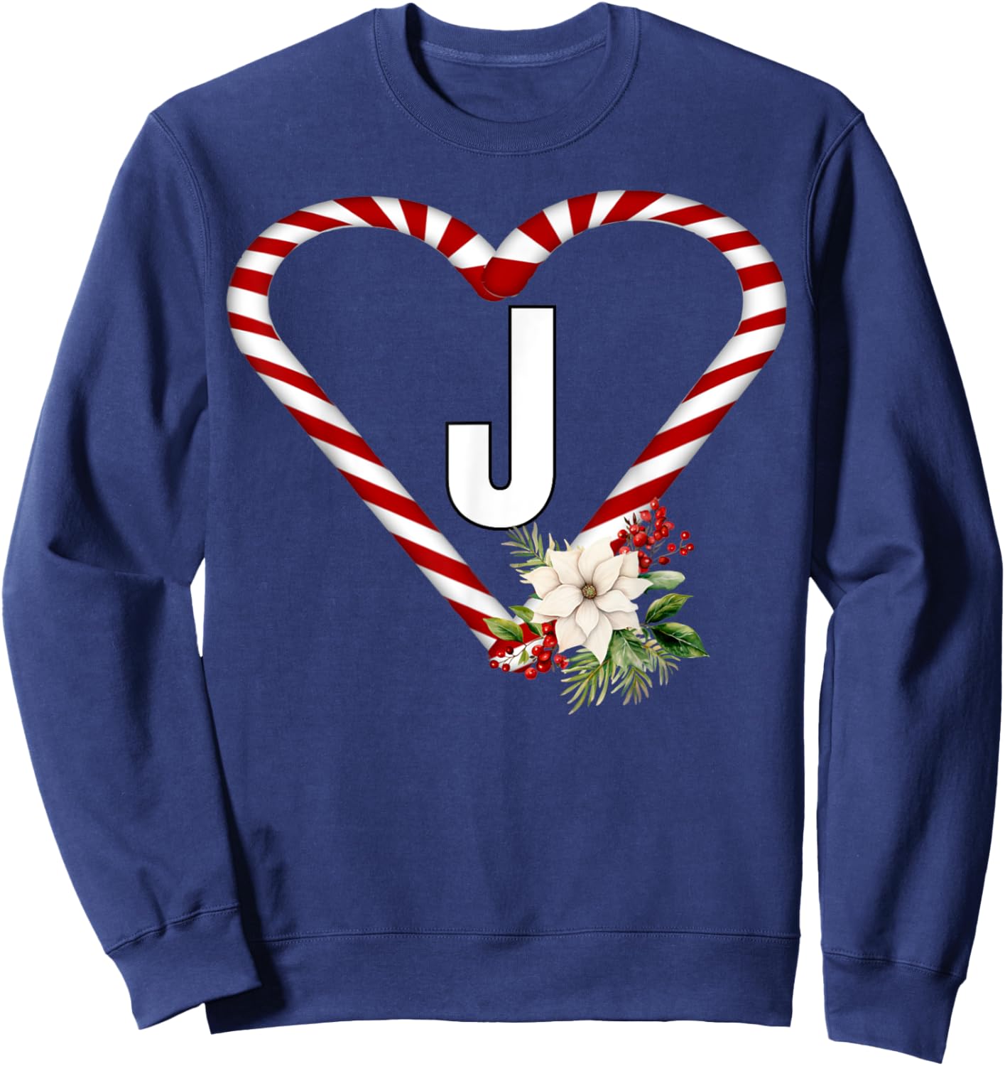 Letter J Christmas Candy Cane Holiday Novelty Christmas Sweatshirt - Sweatshirt | Navy