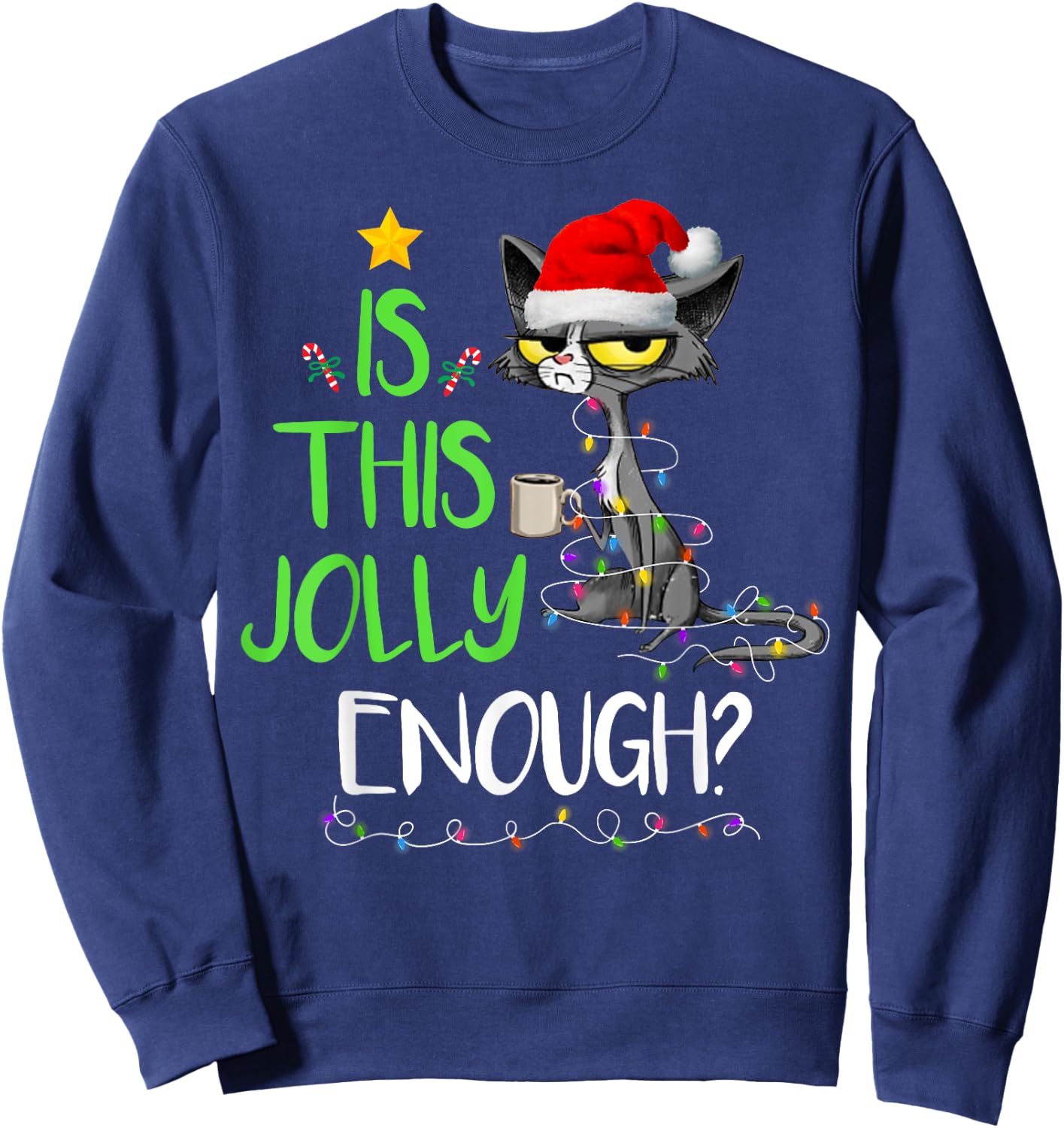 Is This Jolly Enough Black Cat Merry Christmas Tree Lights Women Kids Sweatshirt - Sweatshirt | Navy