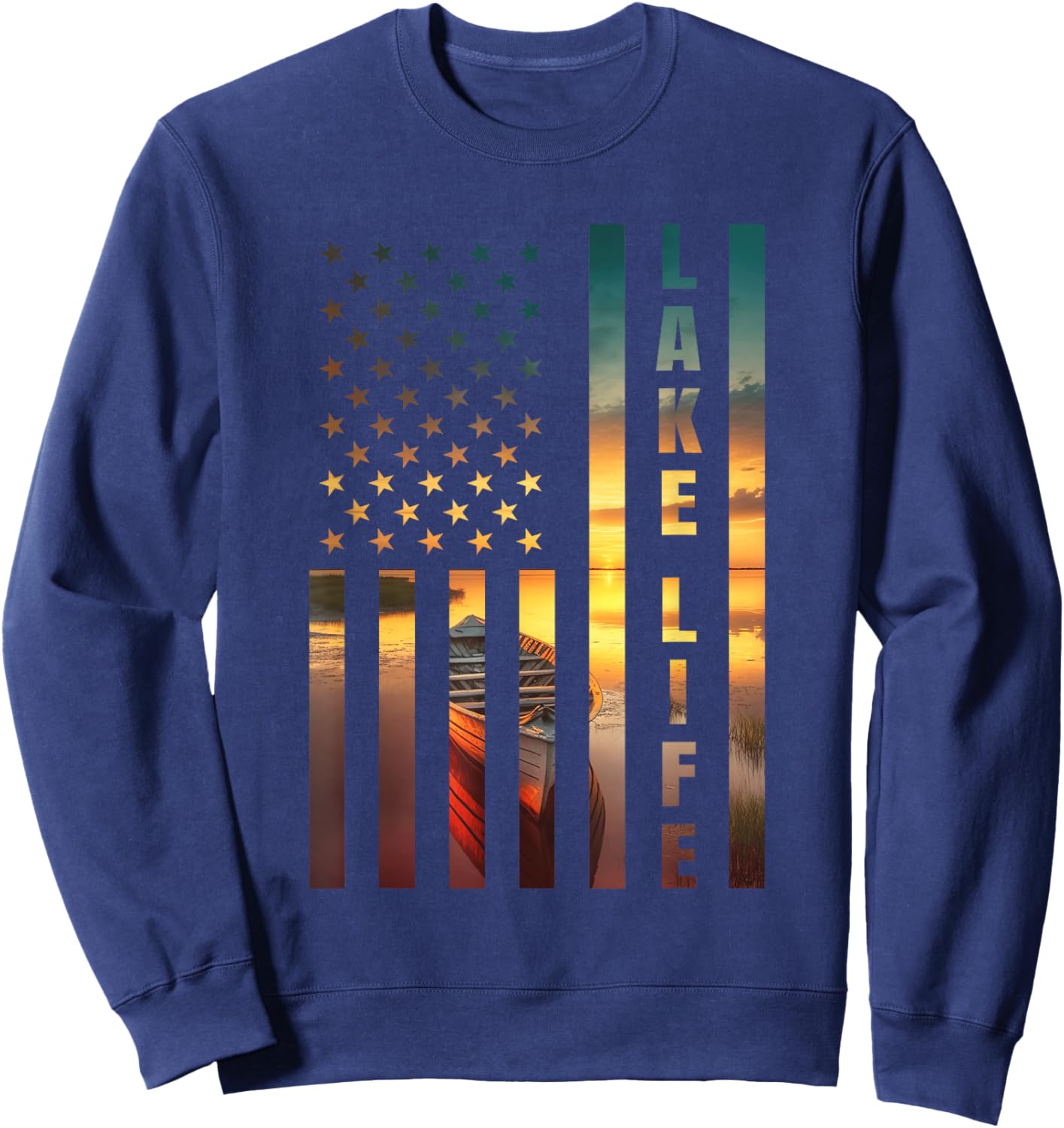 Lake Life Fisherman Sunset American Flag Bass Fishing Boat Sweatshirt - Sweatshirt | Navy