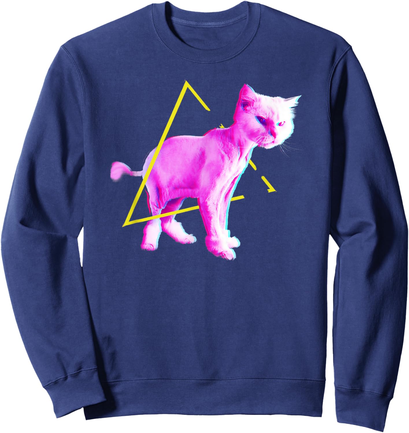 Funny Cat Synthwave Vaporwave Triangle 70s 80s Retrowave Cat Sweatshirt - Sweatshirt | Navy