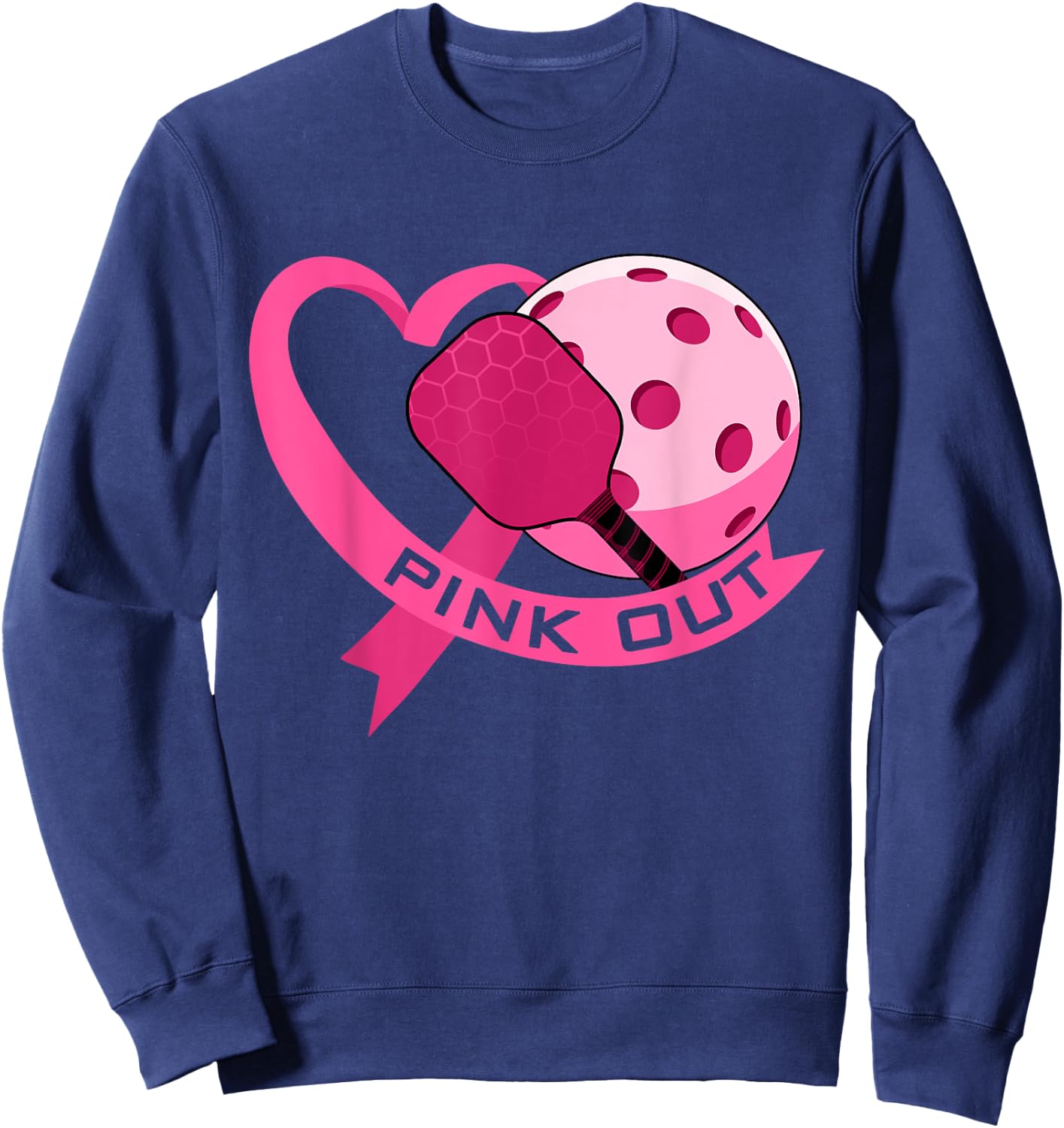 Pink Out Breast Cancer Pink Ribbon Heart & Pickleball Ball Sweatshirt - Sweatshirt | Navy