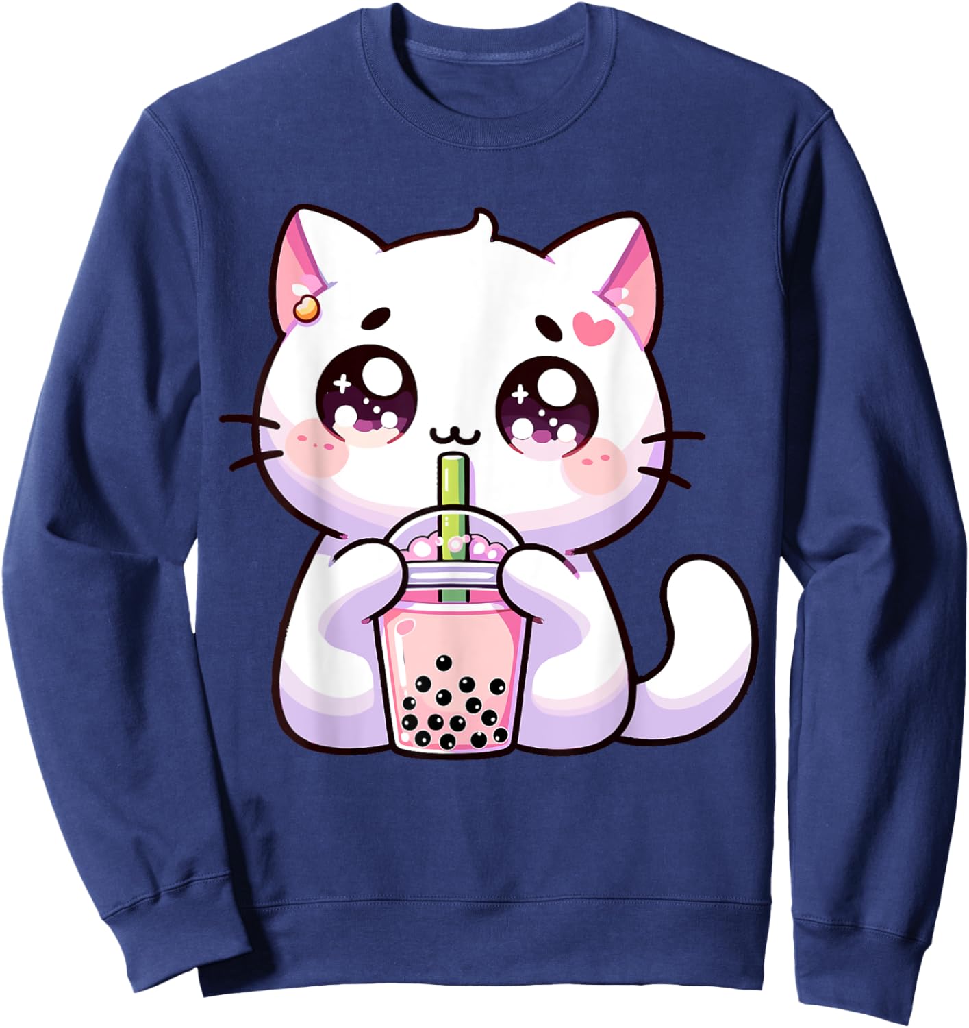 Boba Cat Boba Tea Bubble Tea Kawaii Cat Men Women Girls Kids Sweatshirt - Sweatshirt | Navy
