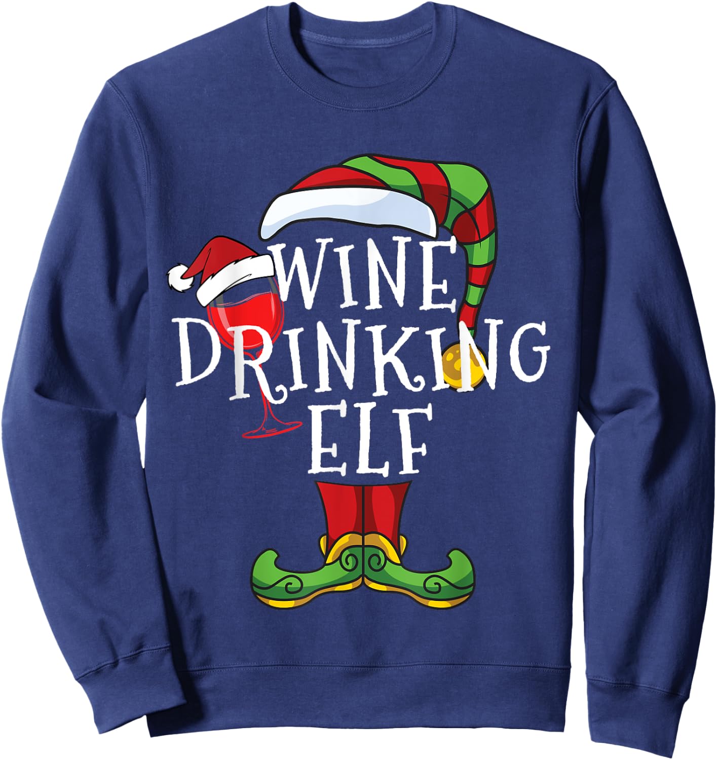 Wine Drinking Elf Lover Family Matching Christmas Funny Sweatshirt - Sweatshirt | Navy