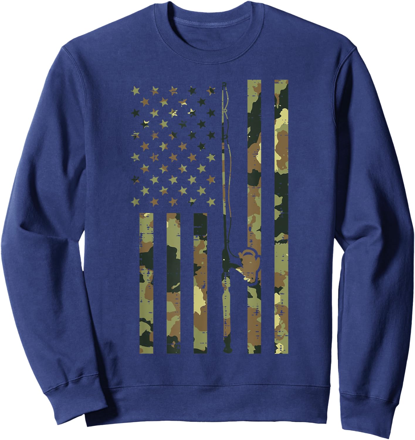 Camo US Flag Fishing Rod Pole Vintage Patriotic Fisherman Sweatshirt - Sweatshirt | Navy