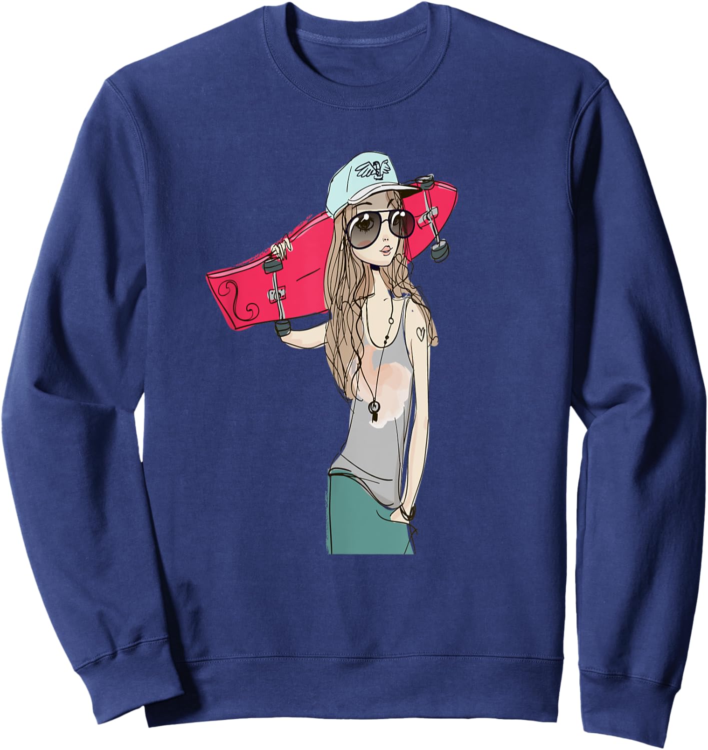 Skaters Having Fun Pro Longboard Skateboard Skater Girl Sweatshirt - Sweatshirt | Navy