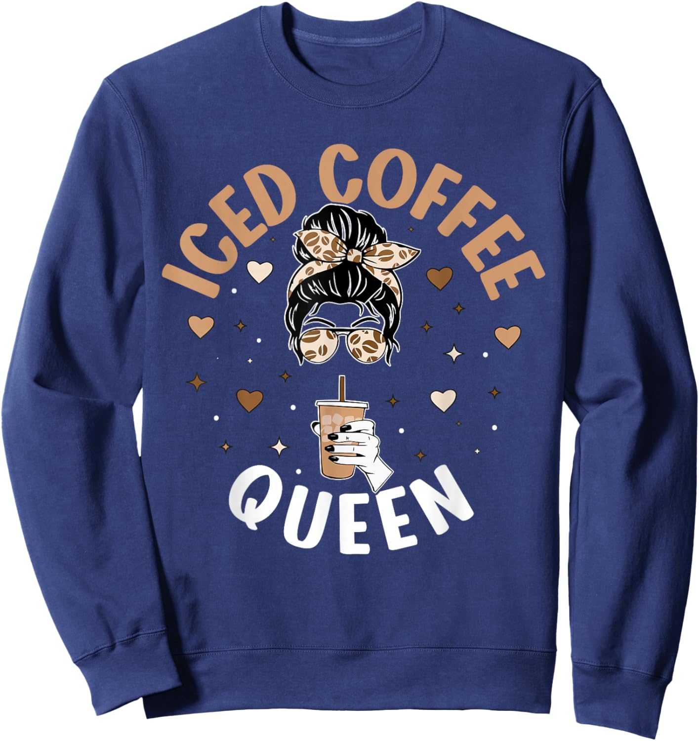 Iced Coffee Queen Women Messy Bun Cold Brew Coffee Quote Sweatshirt - Sweatshirt | Navy