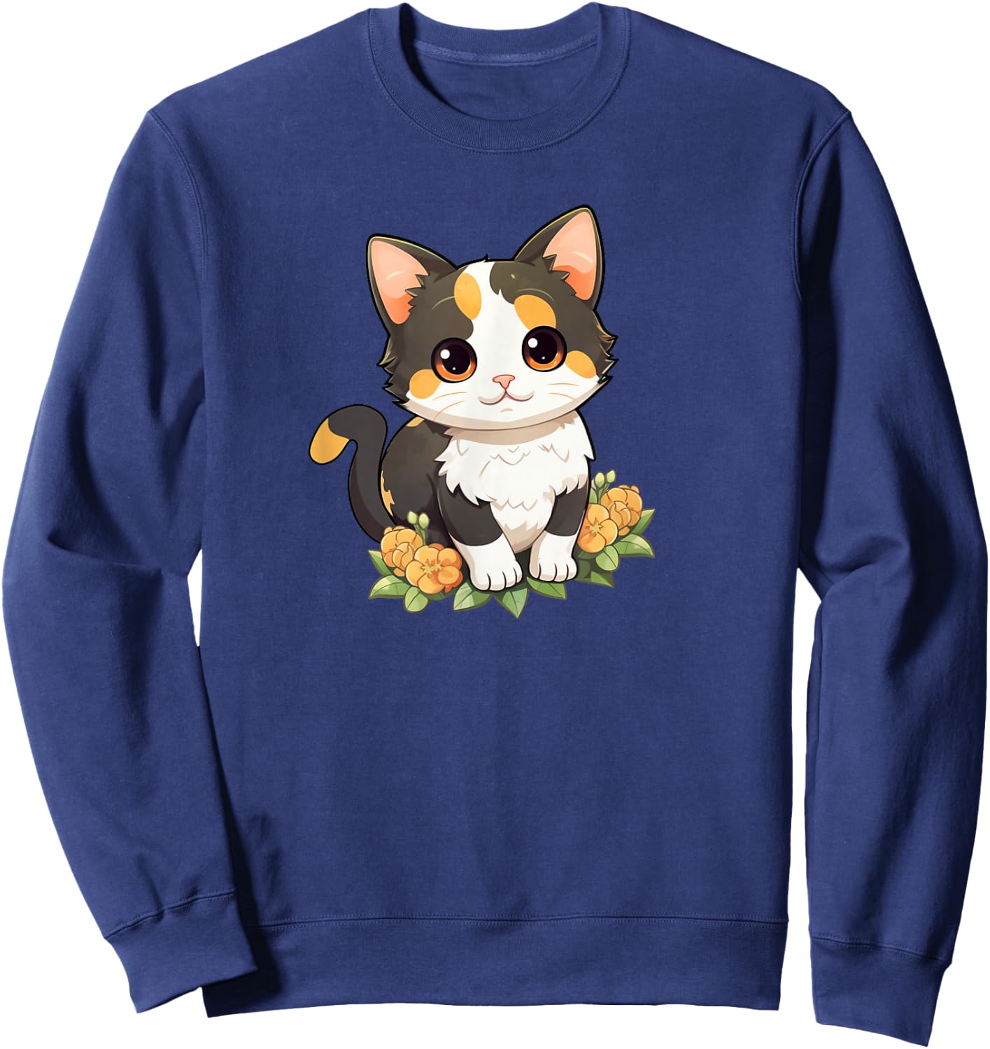 Cute Kawaii Kids Girls Flowers Calico Cat Lover Sweatshirt - Sweatshirt | Navy