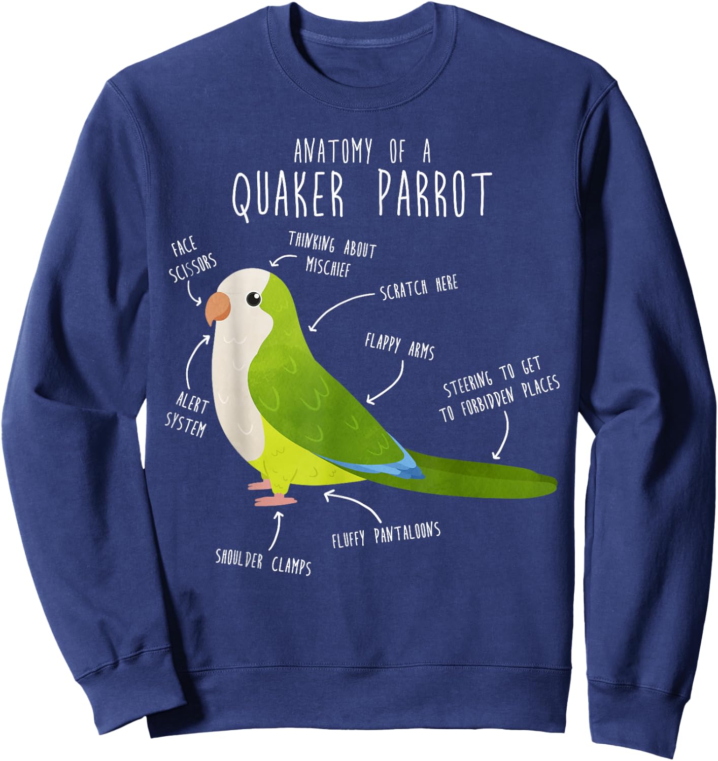 Green Quaker Parrot Anatomy, Cute Funny Pet Monk Bird Lover Sweatshirt - Sweatshirt | Navy