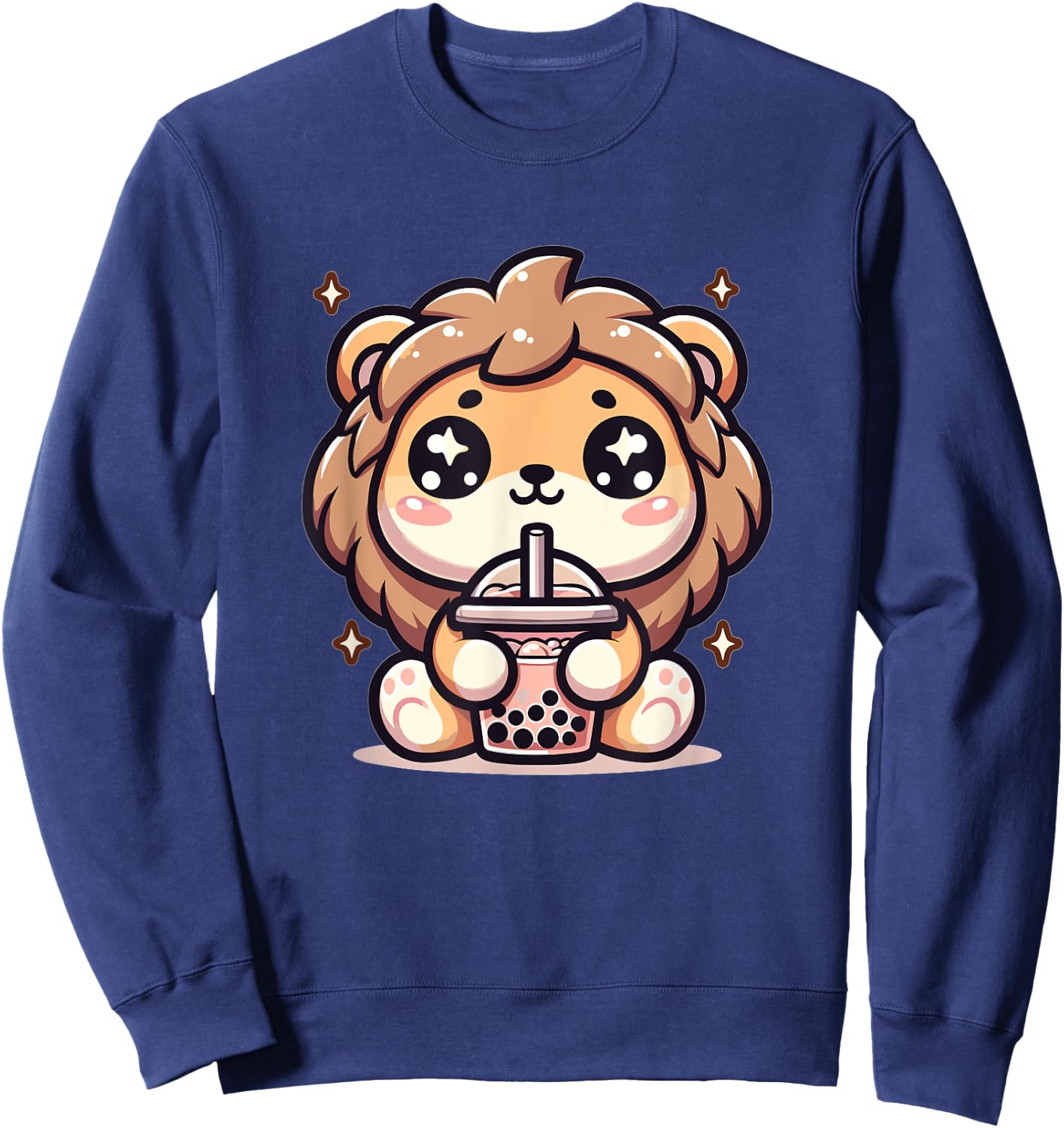 Cute Japanese Kawaii Chibi Lion Drinking Boba Tea Sweatshirt - Sweatshirt | Navy