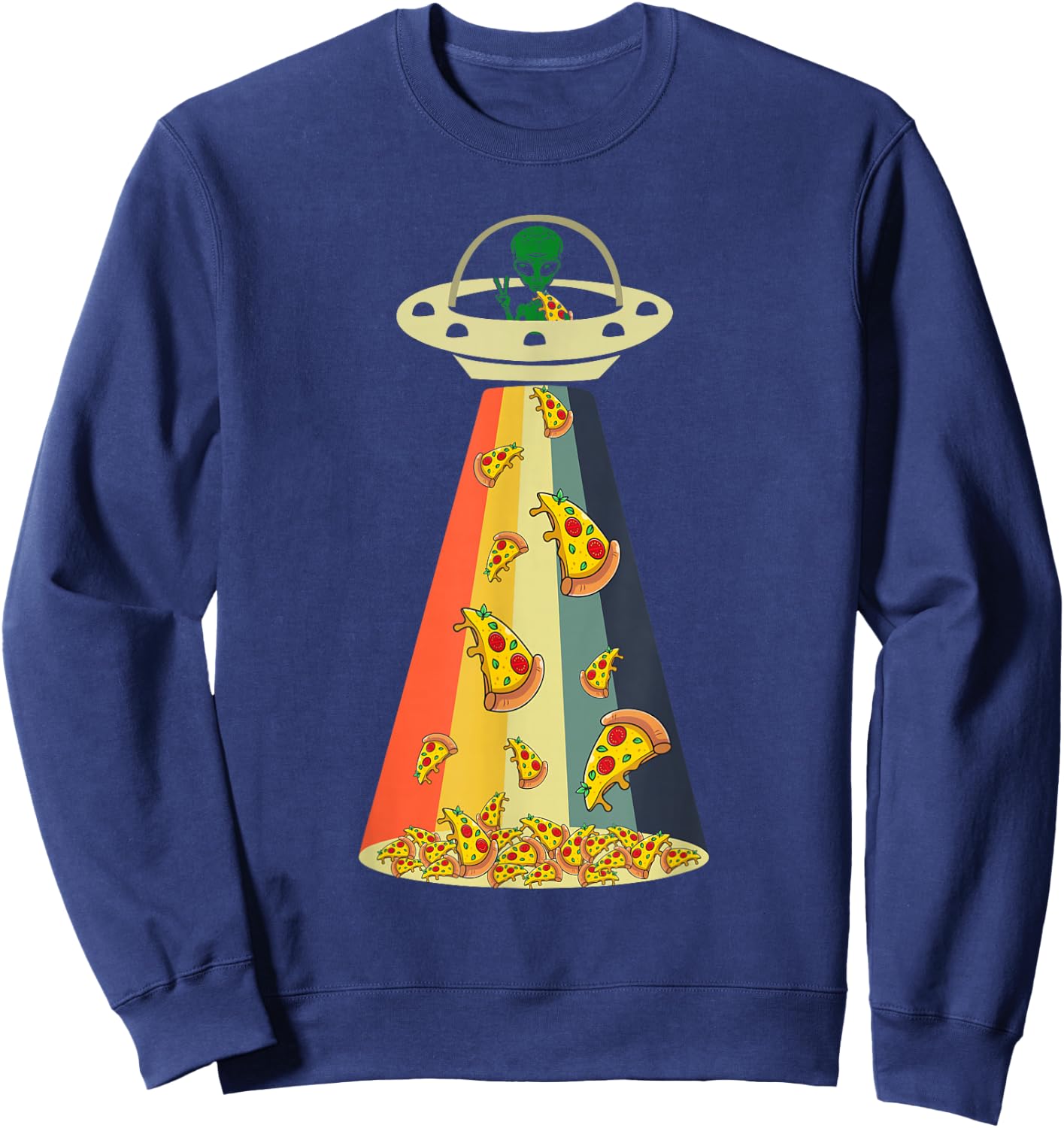 Funny Pizza UFO Alien Eating Pizza a UFO Extraterrestrial Sweatshirt - Sweatshirt | Navy
