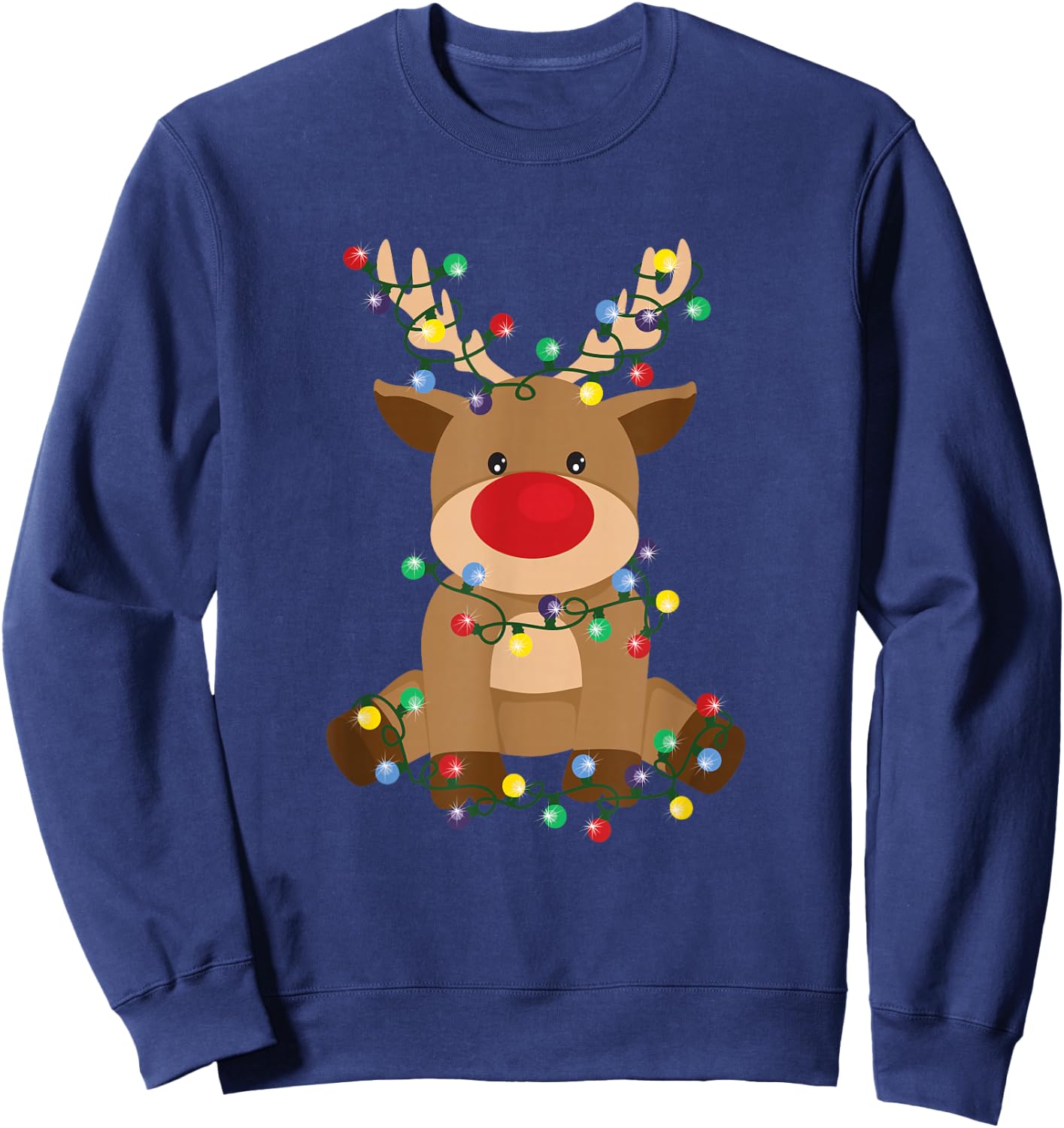 Red-Nosed Reindeer with Christmas Lights – Cute Holiday Sweatshirt - Sweatshirt | Navy