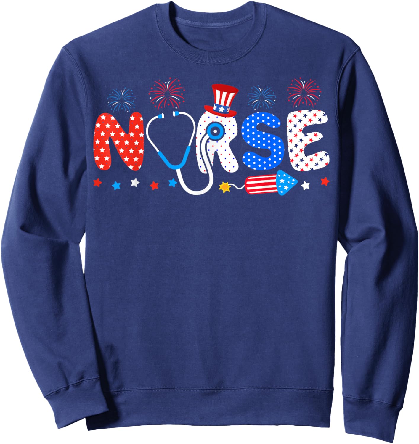 USA Flag 4th Of July Nursing Stethoscope Patriotic Nurse Sweatshirt - Sweatshirt | Navy