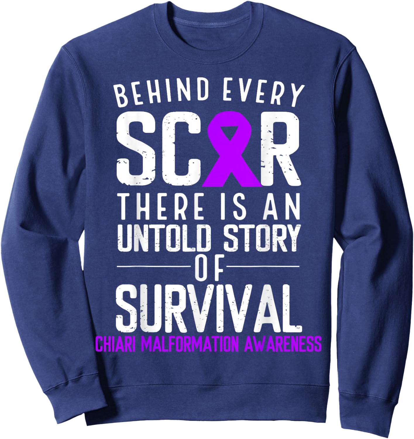 Purple Ribbon Behind Scar Chiari Malformation Awareness Sweatshirt - Sweatshirt | Navy