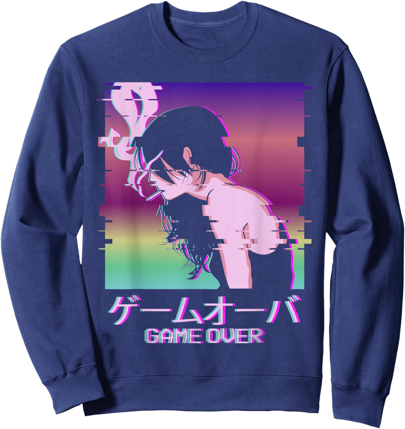 Japanese Vaporwave Sad Anime Girl Game Over Indie Aesthetic Sweatshirt - Sweatshirt | Navy