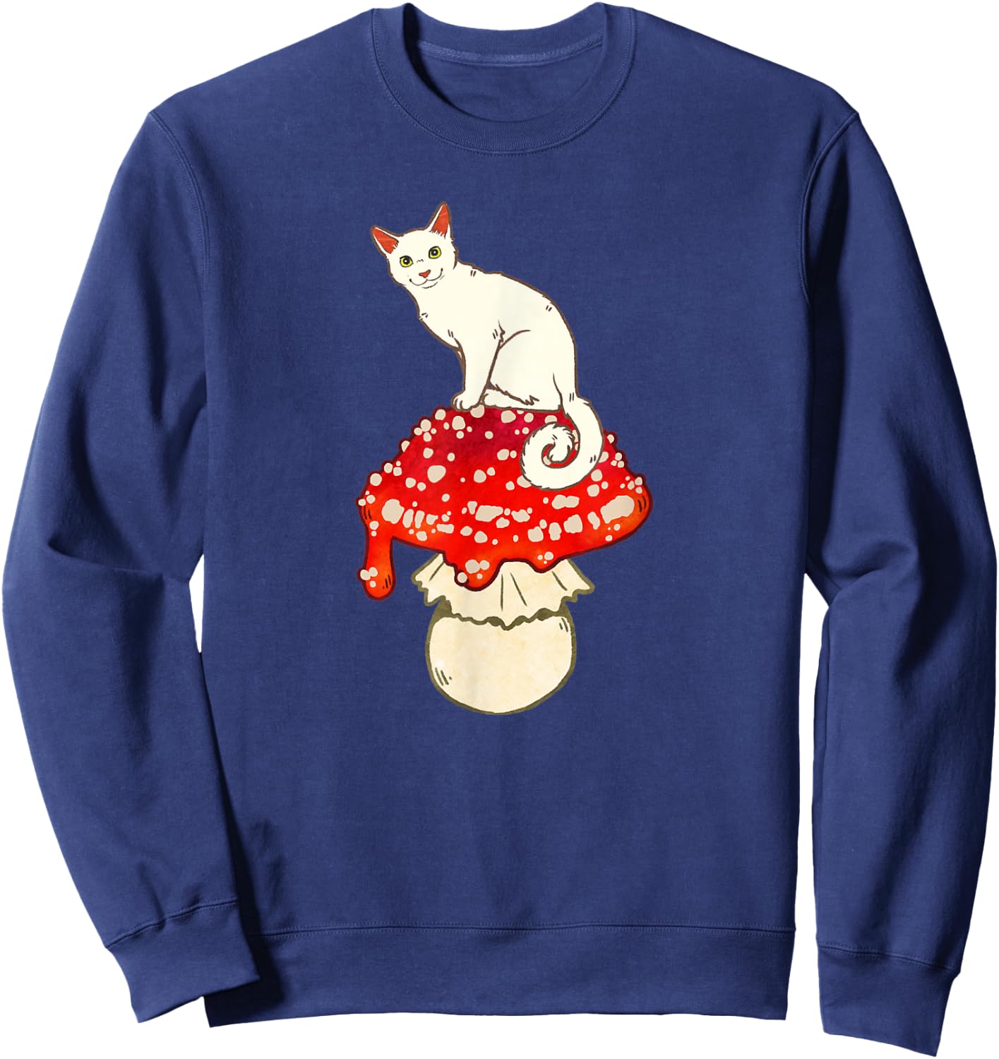 Cute White Cat Sitting on Red Spotted Mushroom Sweatshirt - Sweatshirt | Navy