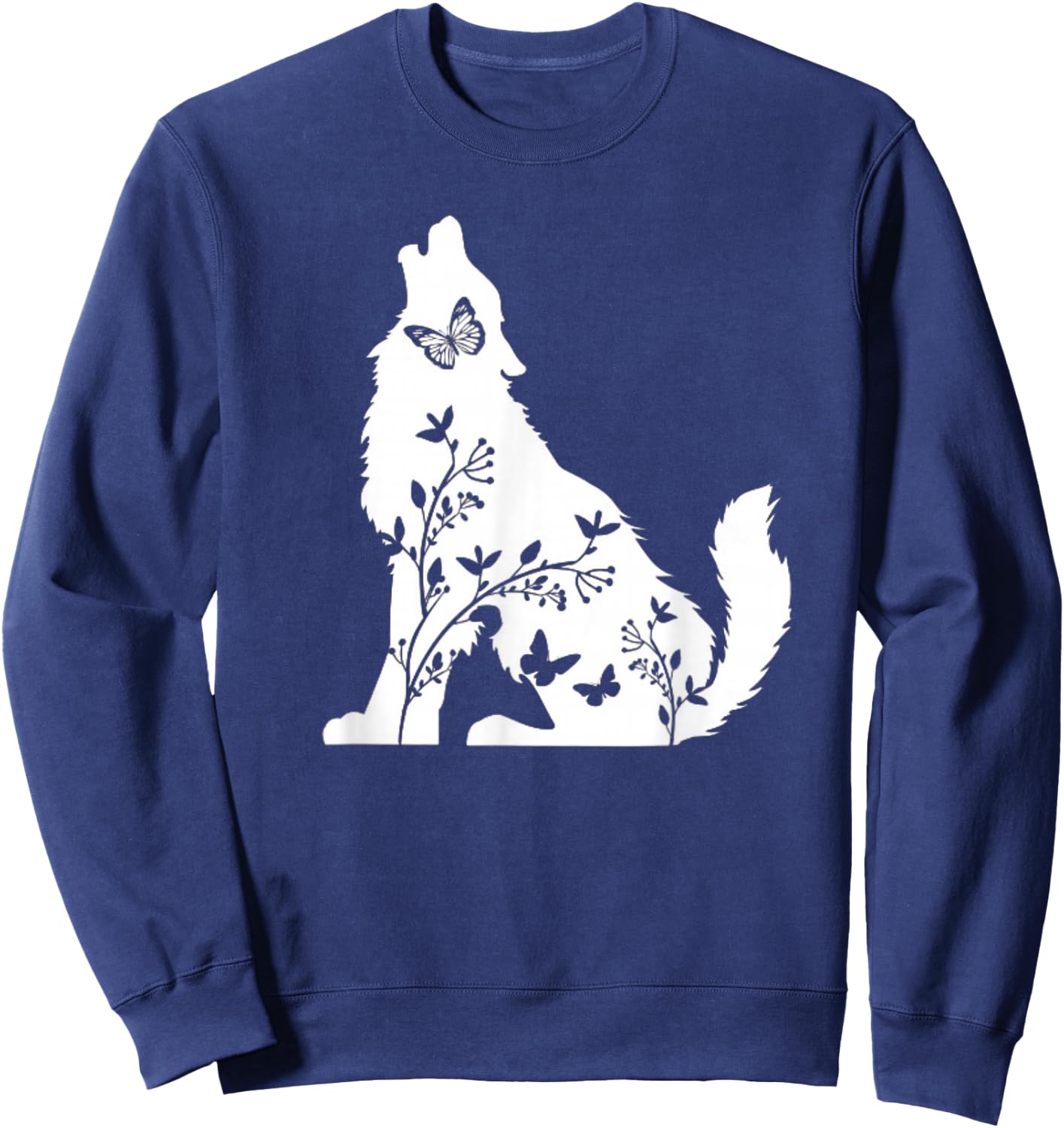 Wolf and Butterflies Cute Graphic Wolves Women Girls Sweatshirt - Sweatshirt | Navy