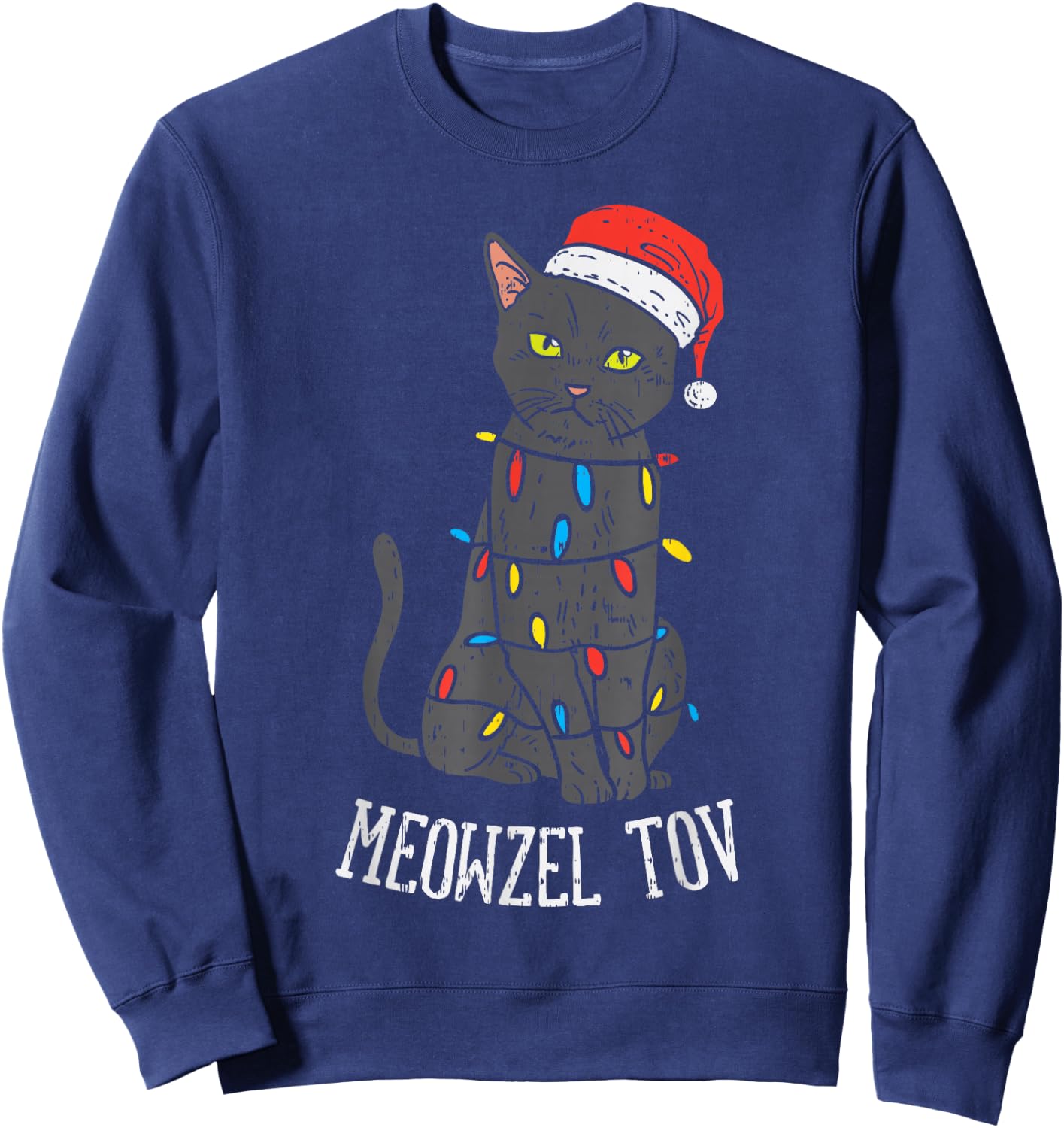Meowzel Tov Hanukkah Black Cat Christmas Lights Pet Gift Sweatshirt - Sweatshirt | Navy