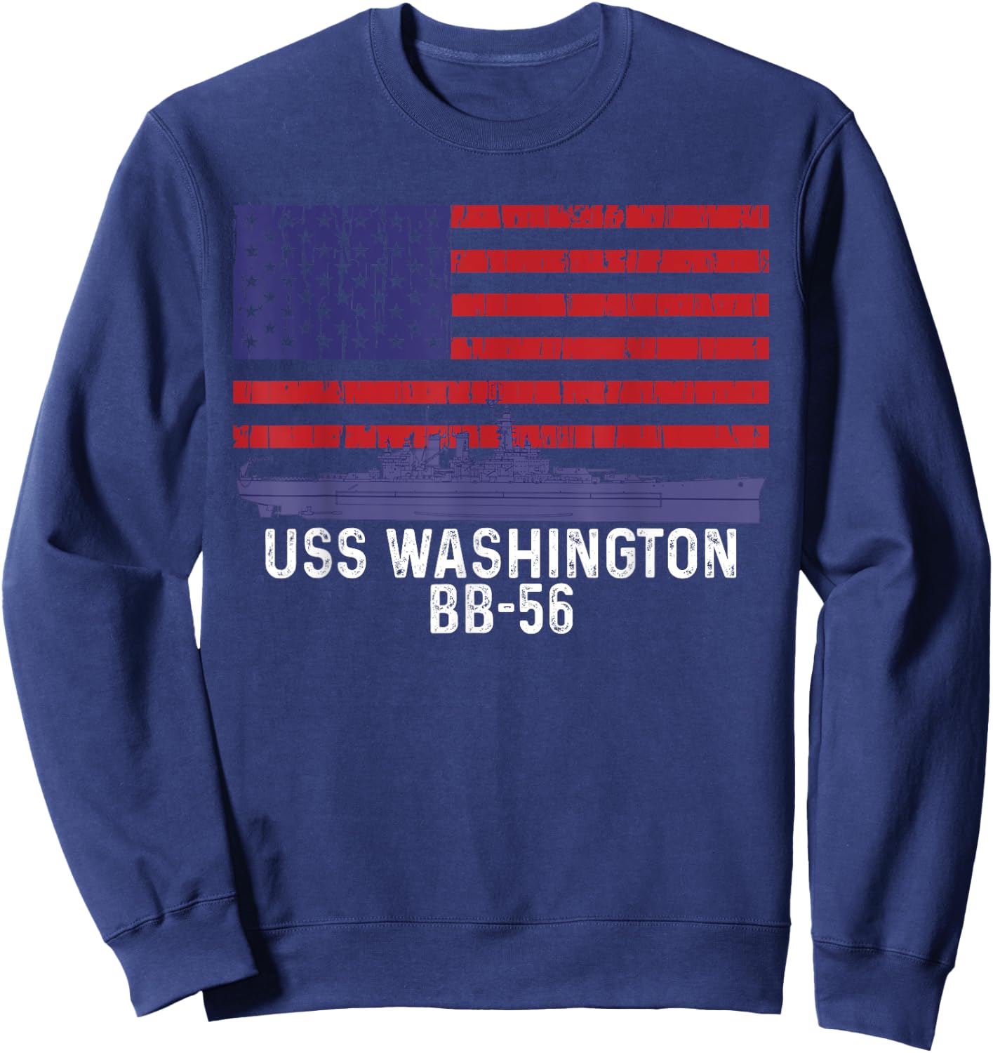USS Washington BB-56 Battleship Vintage American Flag Sweatshirt - Sweatshirt | Navy