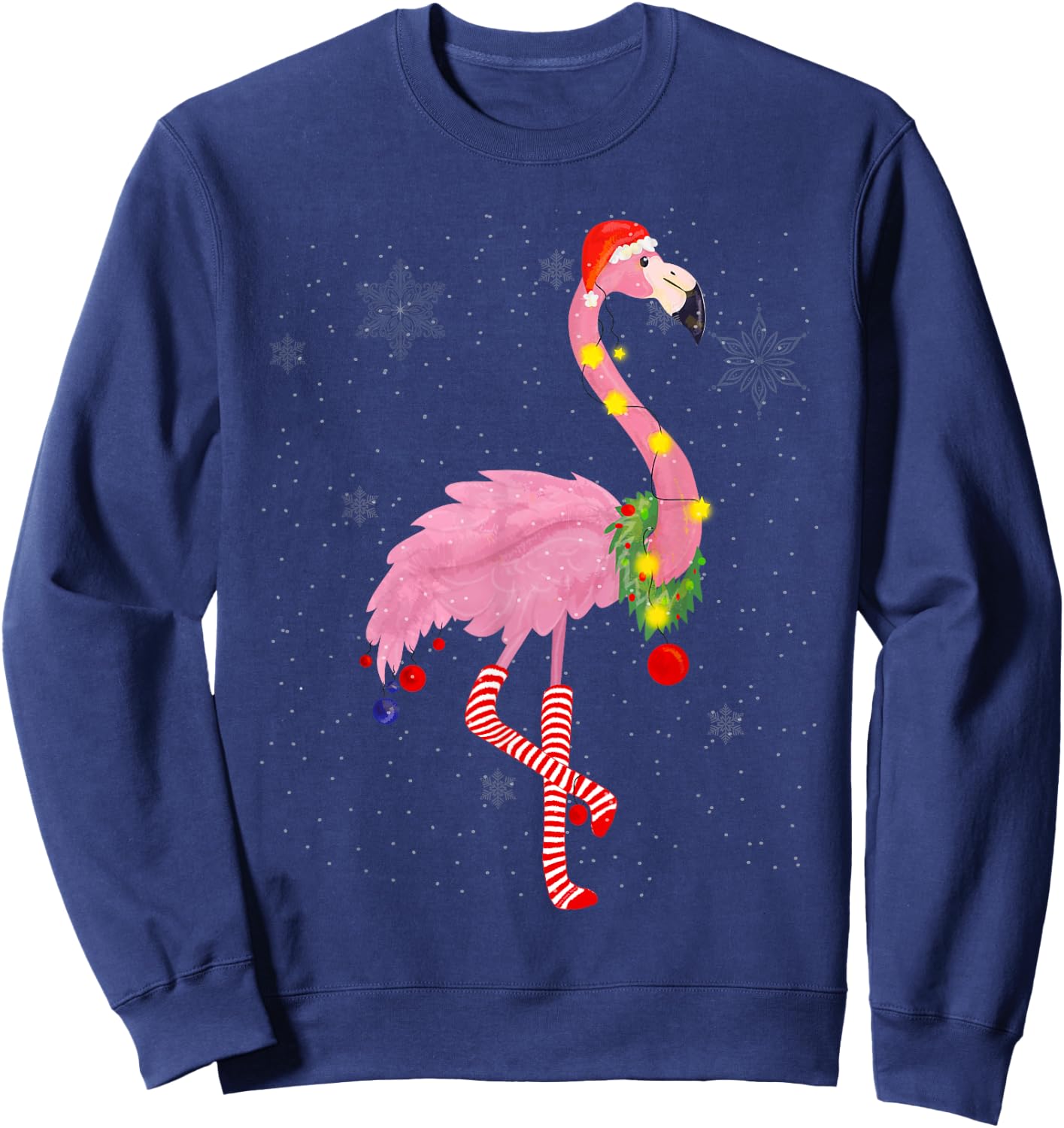 Cute Pink Flamingo with Snow, Lights and Santa Hat Christmas Sweatshirt - Sweatshirt | Navy