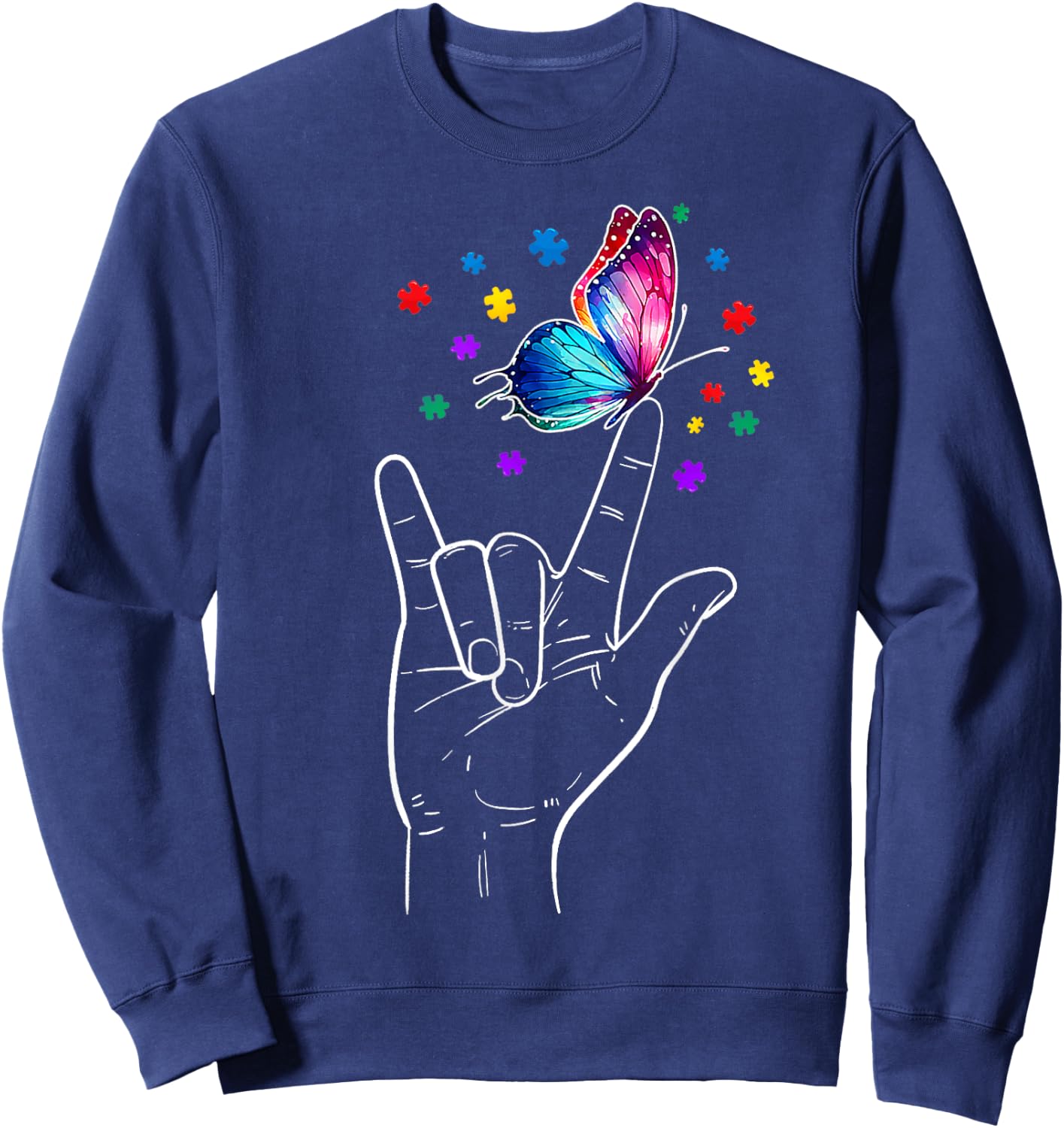 I Love You Hand Sign Language Butterfly Autism Awareness Sweatshirt - Sweatshirt | Navy