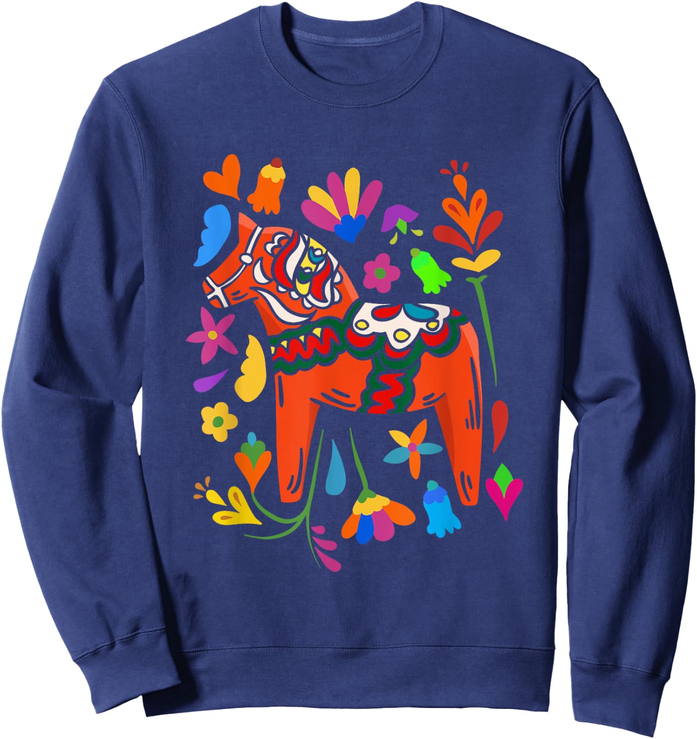 Swedish Dala Horse Folk Art Sweden Flag Dalahelmsoljd Horse Sweatshirt - Sweatshirt | Navy
