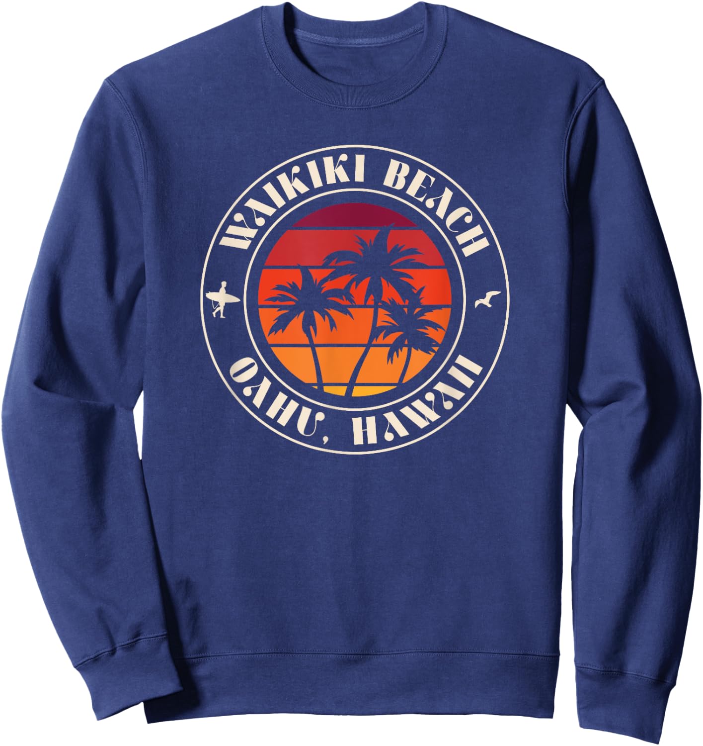 Hawaii Oahu Sunset Surfer and Seagull Waikiki Beach Women Kids Sweatshirt - Sweatshirt | Navy