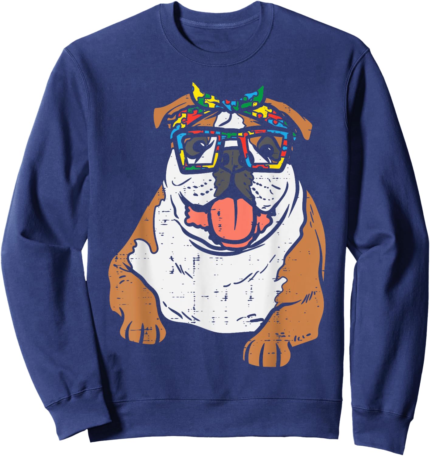 English Bulldog Puzzle Bandana Glasses Autism Awareness Dog Sweatshirt - Sweatshirt | Navy