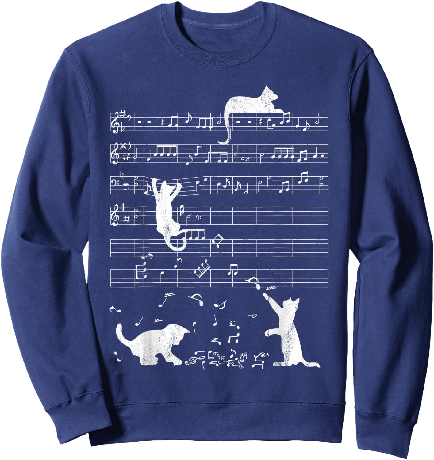 Cute Cat Distressed Music Notes Kitty Piano Musician Women Kids Sweatshirt - Sweatshirt | Navy