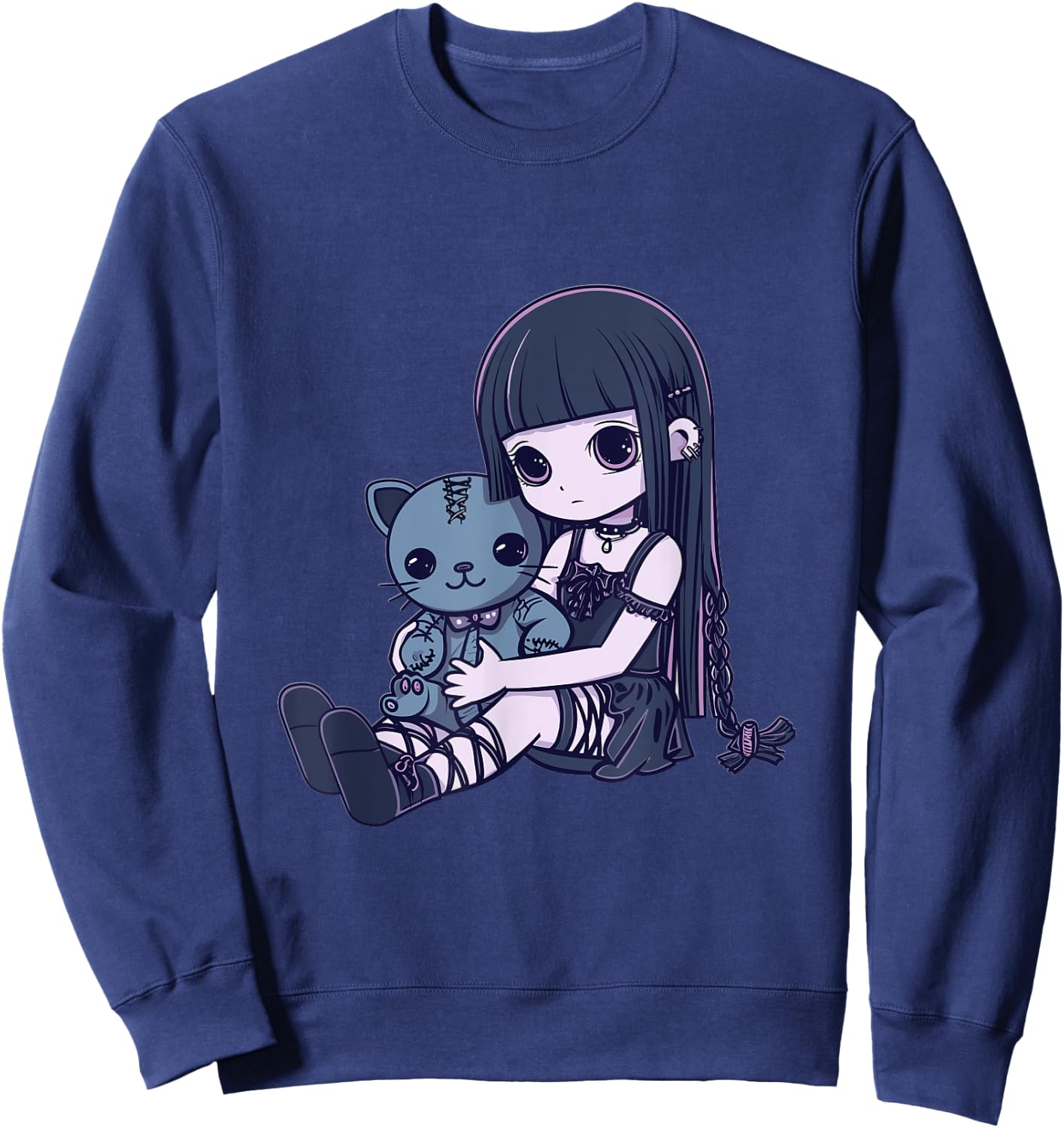 Goth Pastel Kawaii Anime Girl with Voodoo doll Teddy Cat Sweatshirt - Sweatshirt | Navy