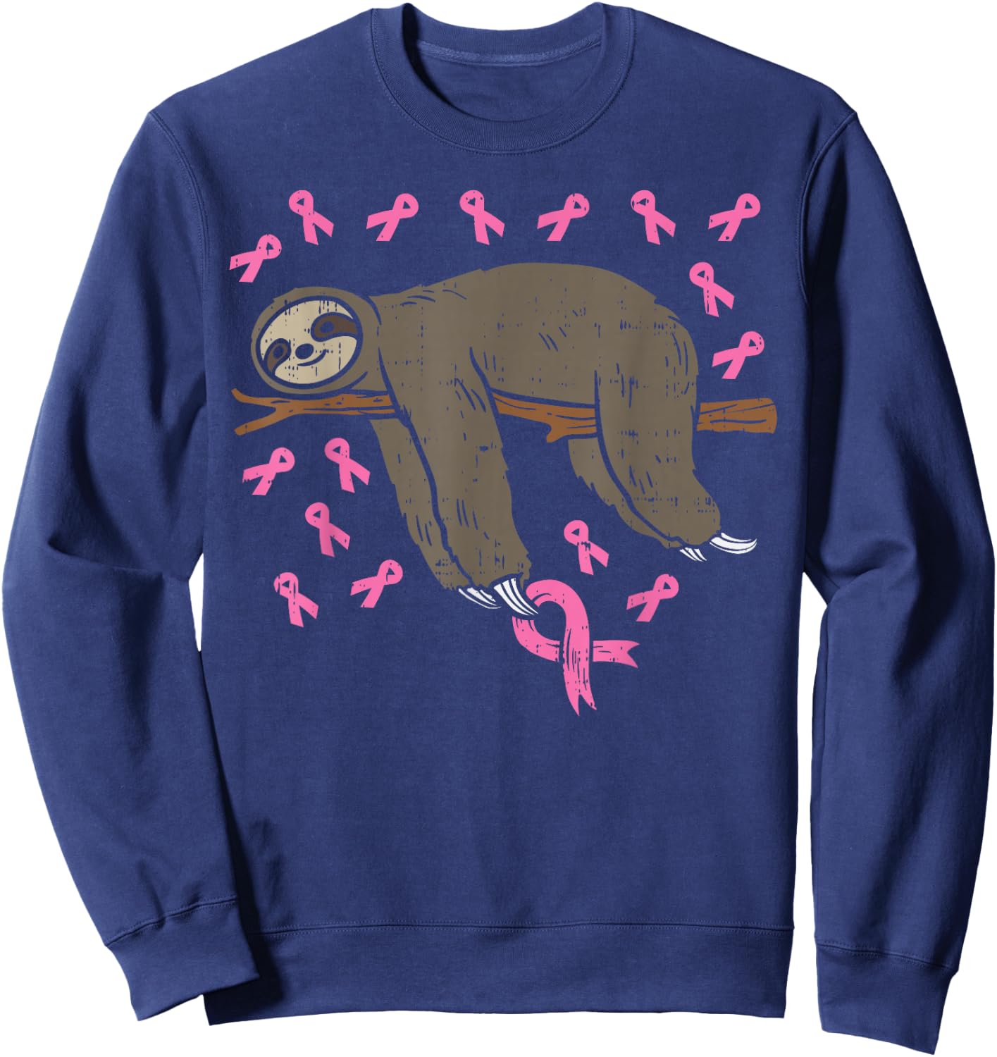 Lazy Sloth Pink Ribbon Breast Cancer Awareness Support Gift Sweatshirt - Sweatshirt | Navy