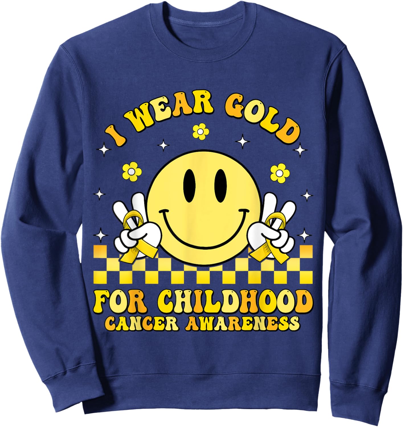 Groovy Retro Smile Face I Wear Gold For Childhood Cancer Sweatshirt - Sweatshirt | Navy