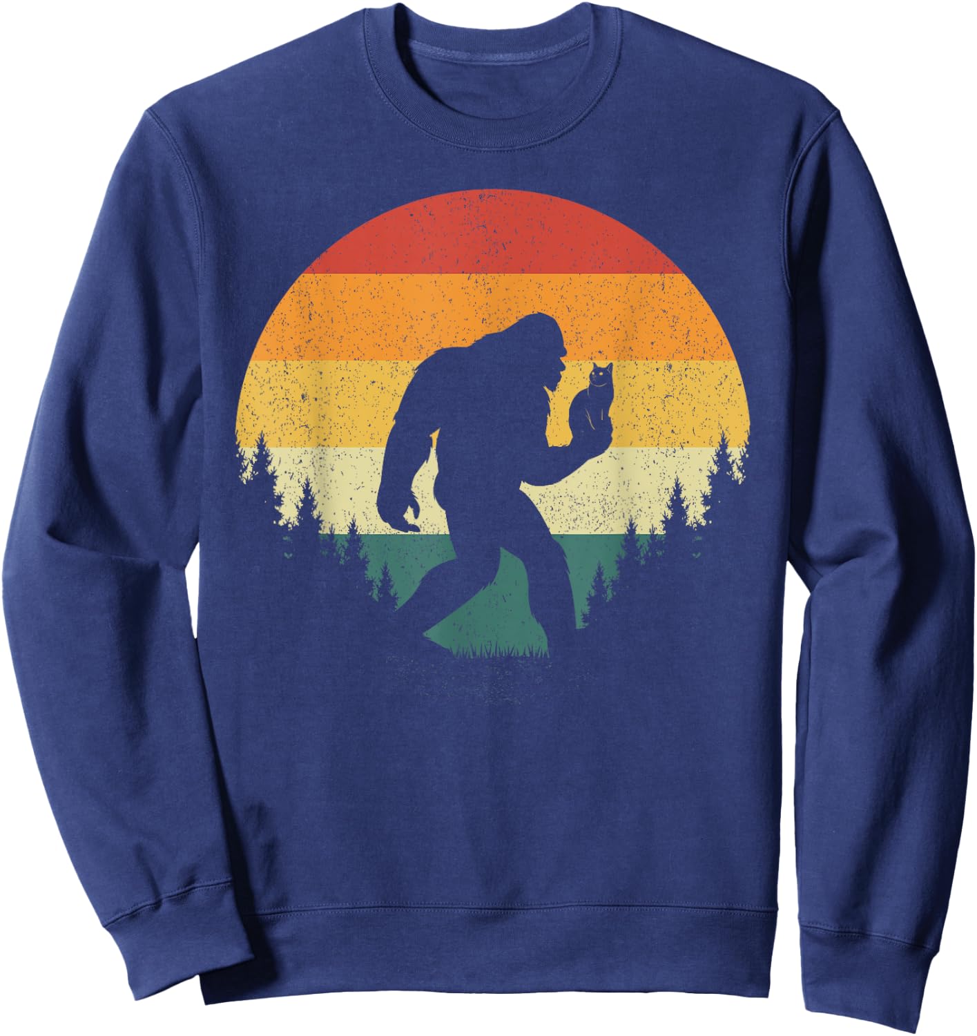 Bigfoot Holding Cat Funny Sasquatch Retro Vintage Sunset 80s Men Women Kids Sweatshirt - Sweatshirt | Navy