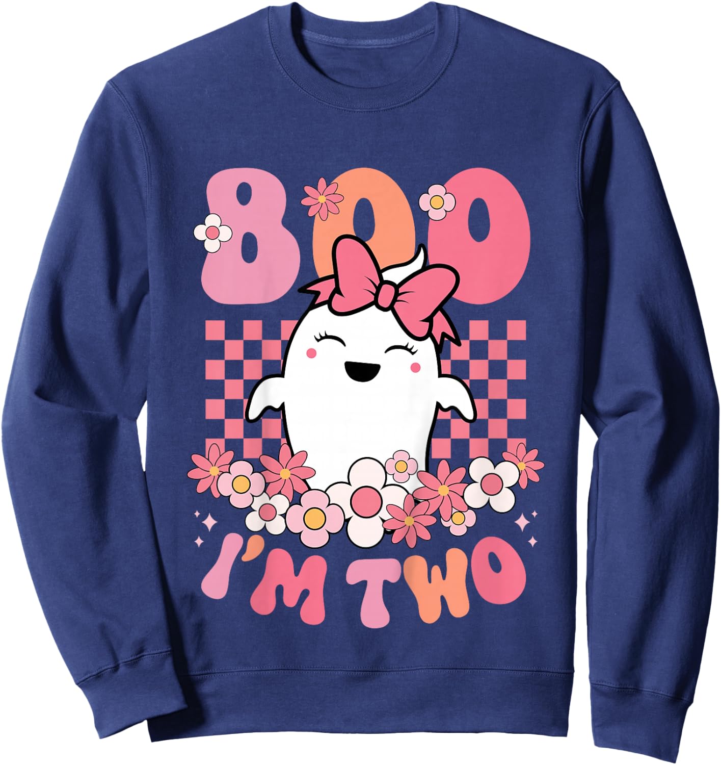 Kids Boo I'm Two Cute Ghost Groovy 2nd Second Birthday Girls Kids Sweatshirt - Sweatshirt | Navy