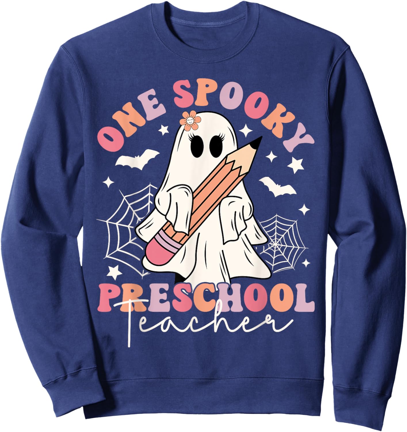 One Spooky Preschool Teacher Ghost Retro Halloween 2024 Sweatshirt - Sweatshirt | Navy