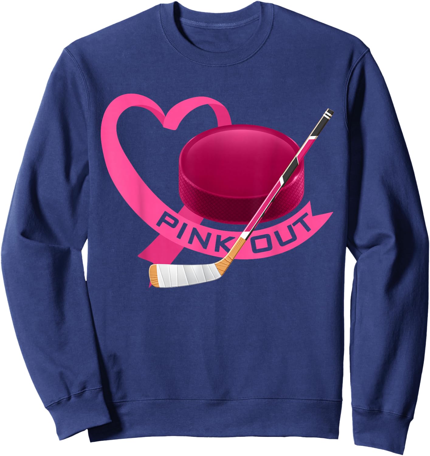 Pink Out Breast Cancer Pink Ribbon Heart & Ice Hockey Puck Sweatshirt - Sweatshirt | Navy