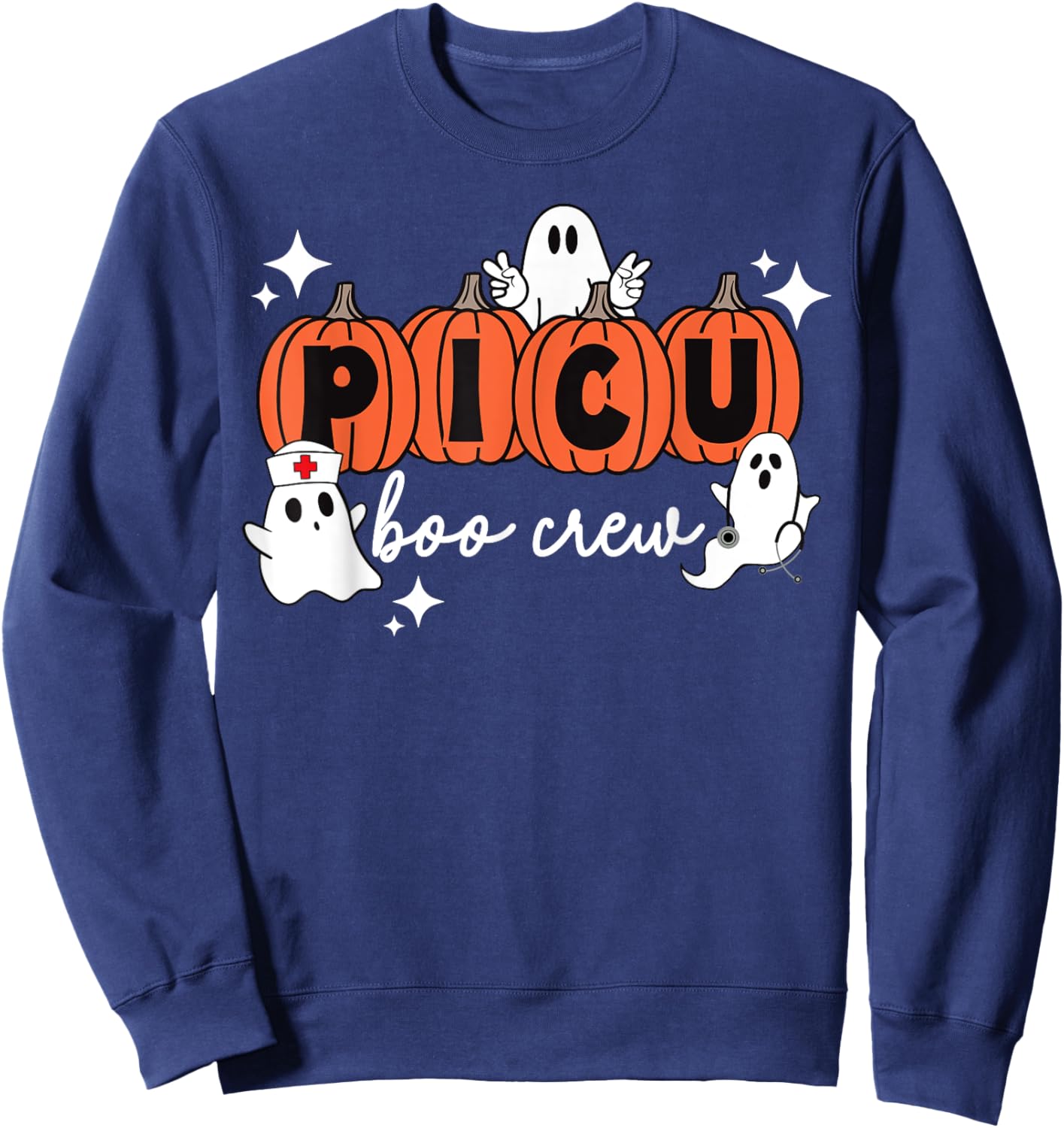 PICU Boo Crew Pumpkin Ghost Pediatric ICU Nurse Halloween Sweatshirt - Sweatshirt | Navy