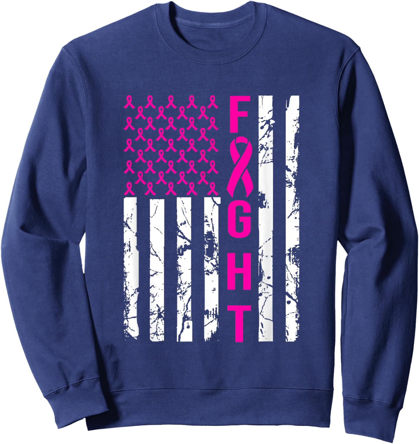 Breast Cancer Awareness FIGHT American Flag Pink Ribbon Women Men Sweatshirt - Sweatshirt | Navy