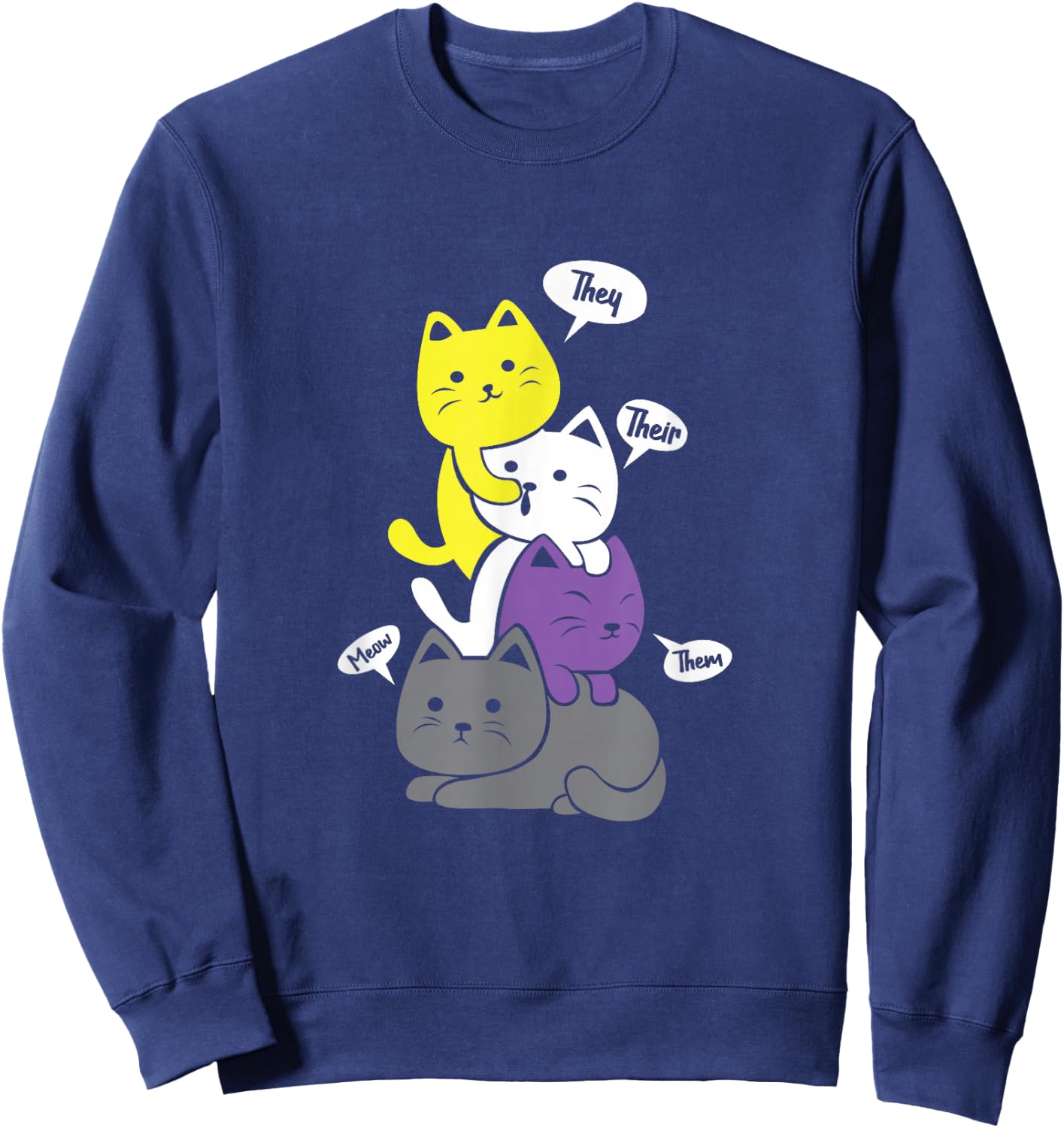 Nonbinary They Their Them Meow Cute Non-Binary Flag Kawaii Small Sweatshirt - Sweatshirt | Navy