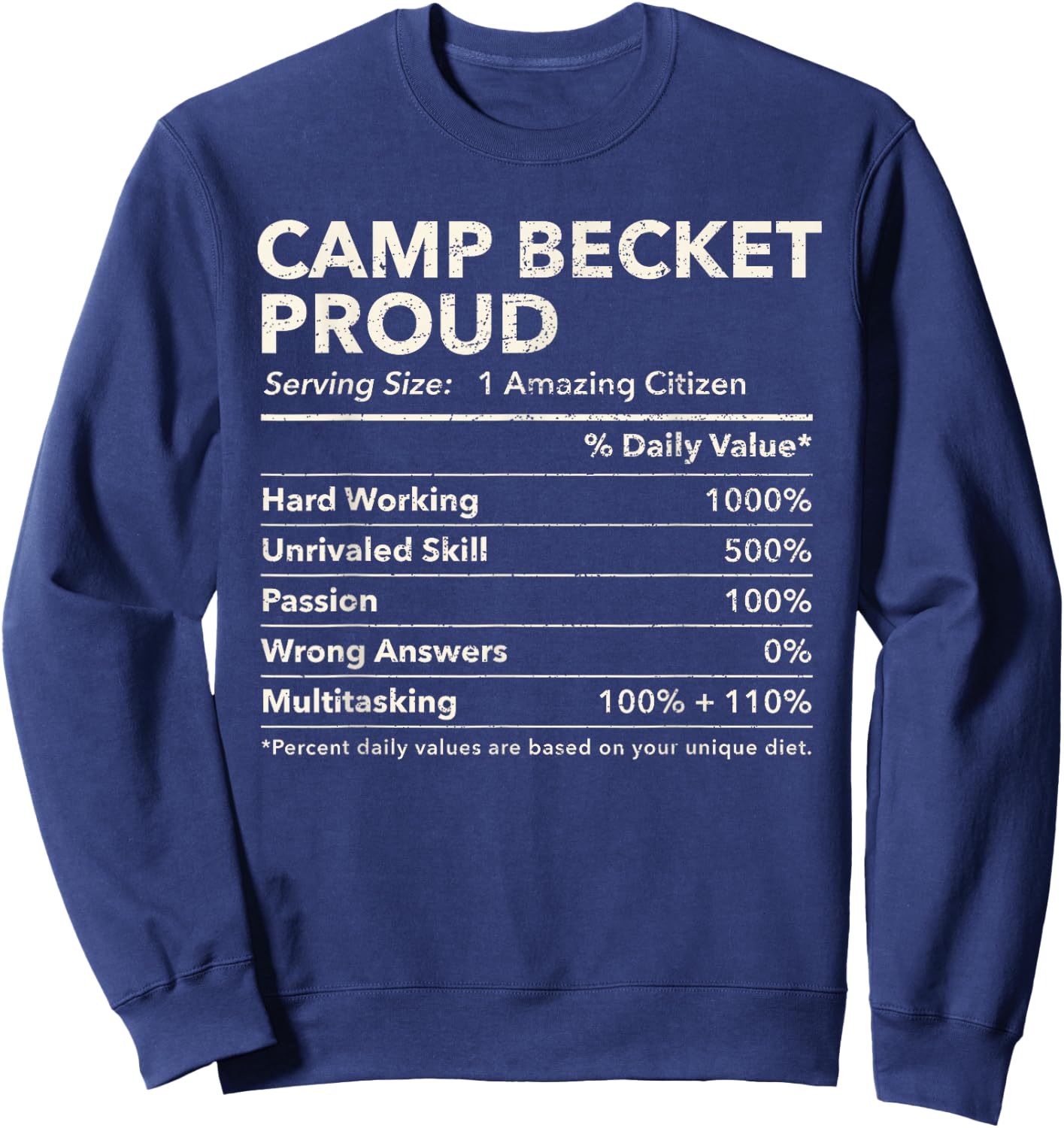 Camp Becket, Massachusetts Proud Nutrition Facts Sweatshirt - Sweatshirt | Navy