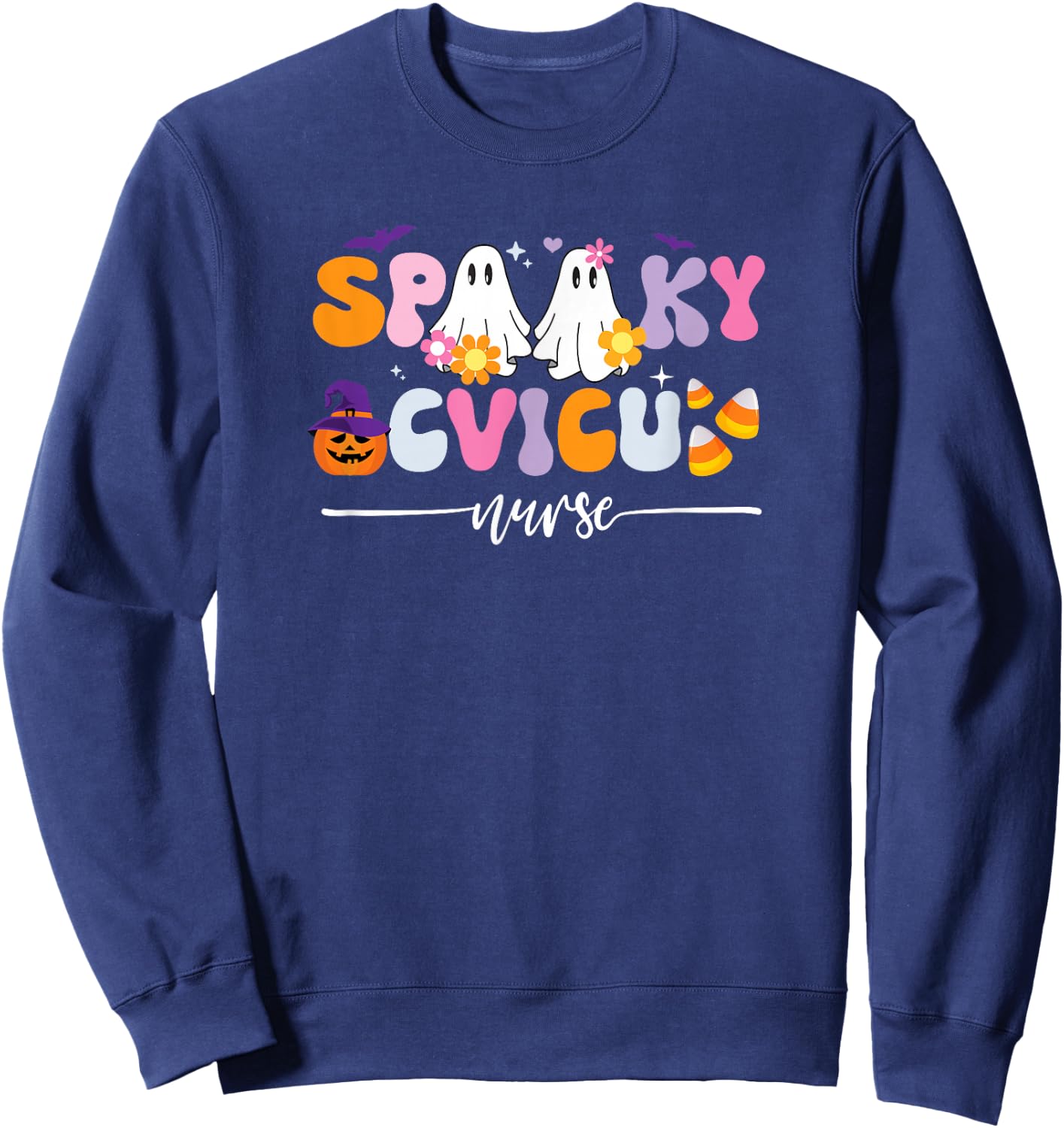 Groovy Spooky CVICU Nurse Halloween Ghost Witch Floral Sweatshirt - Sweatshirt | Navy