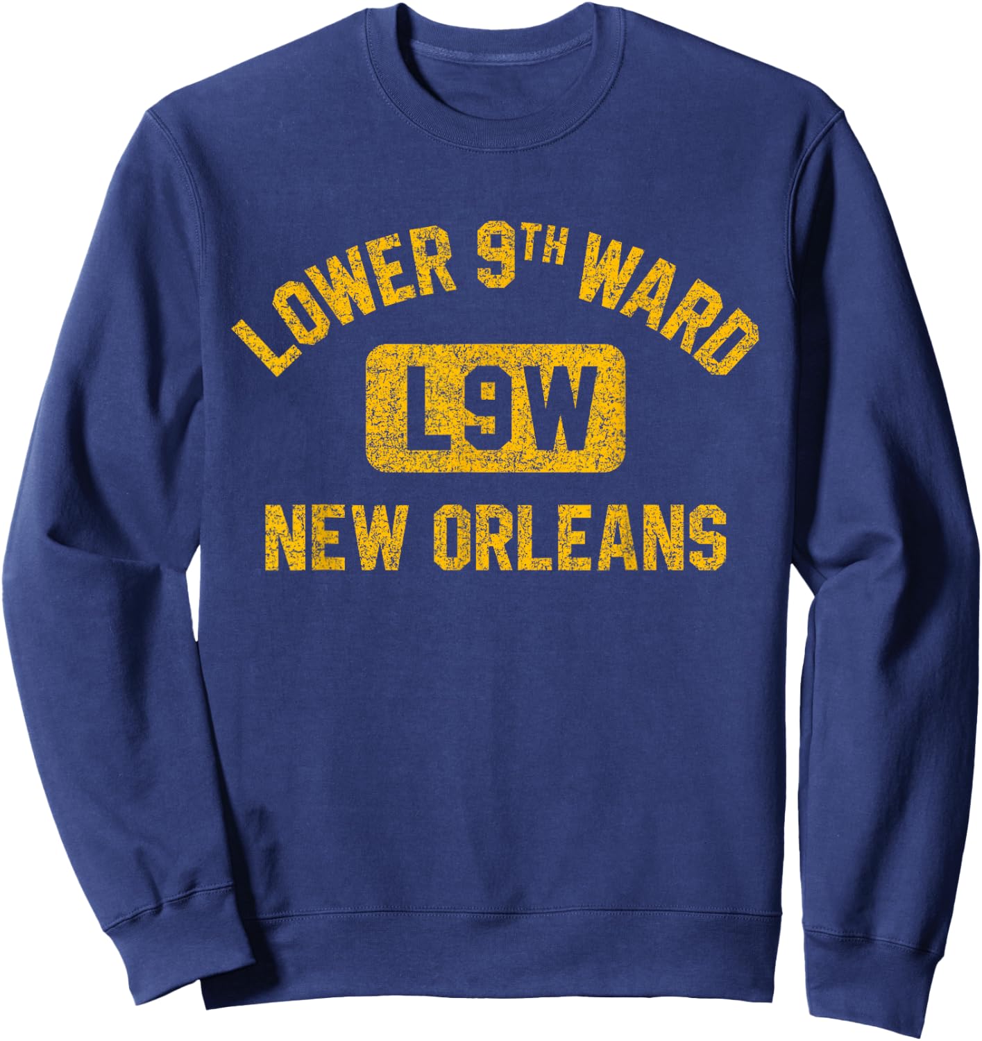 Lower 9th Ward New Orleans Gym Style Distressed Amber Print Sweatshirt - Sweatshirt | Navy