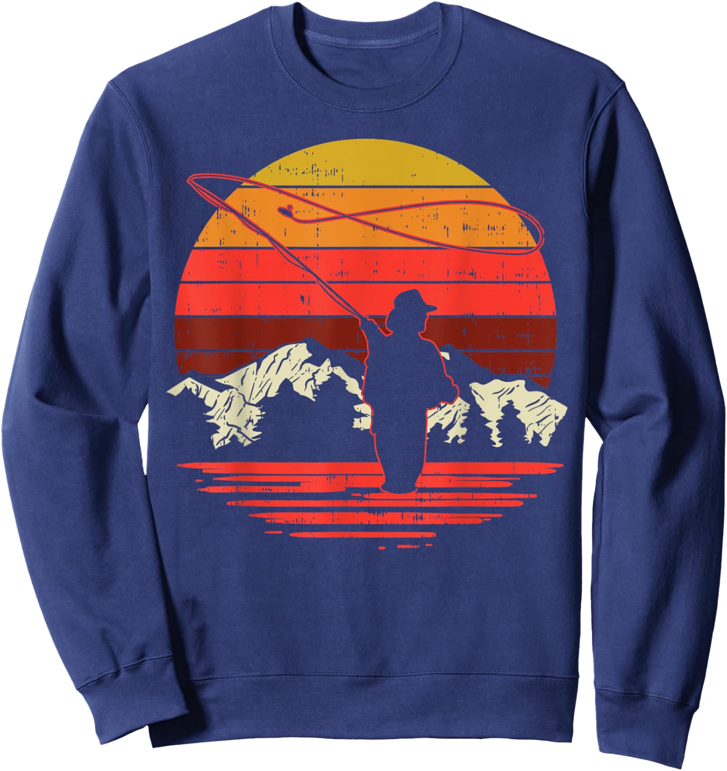 Fly Fishing Sunset Retro Trout Angling Fisherman Angler Gift Sweatshirt - Sweatshirt | Navy