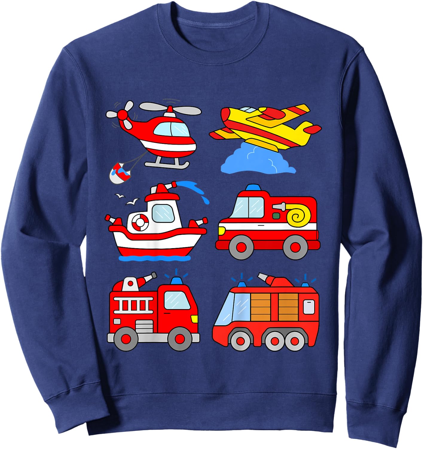 Kids Fire Engines Boys Toddlers Firefighter Boat Plane Helicopter Sweatshirt - Sweatshirt | Navy
