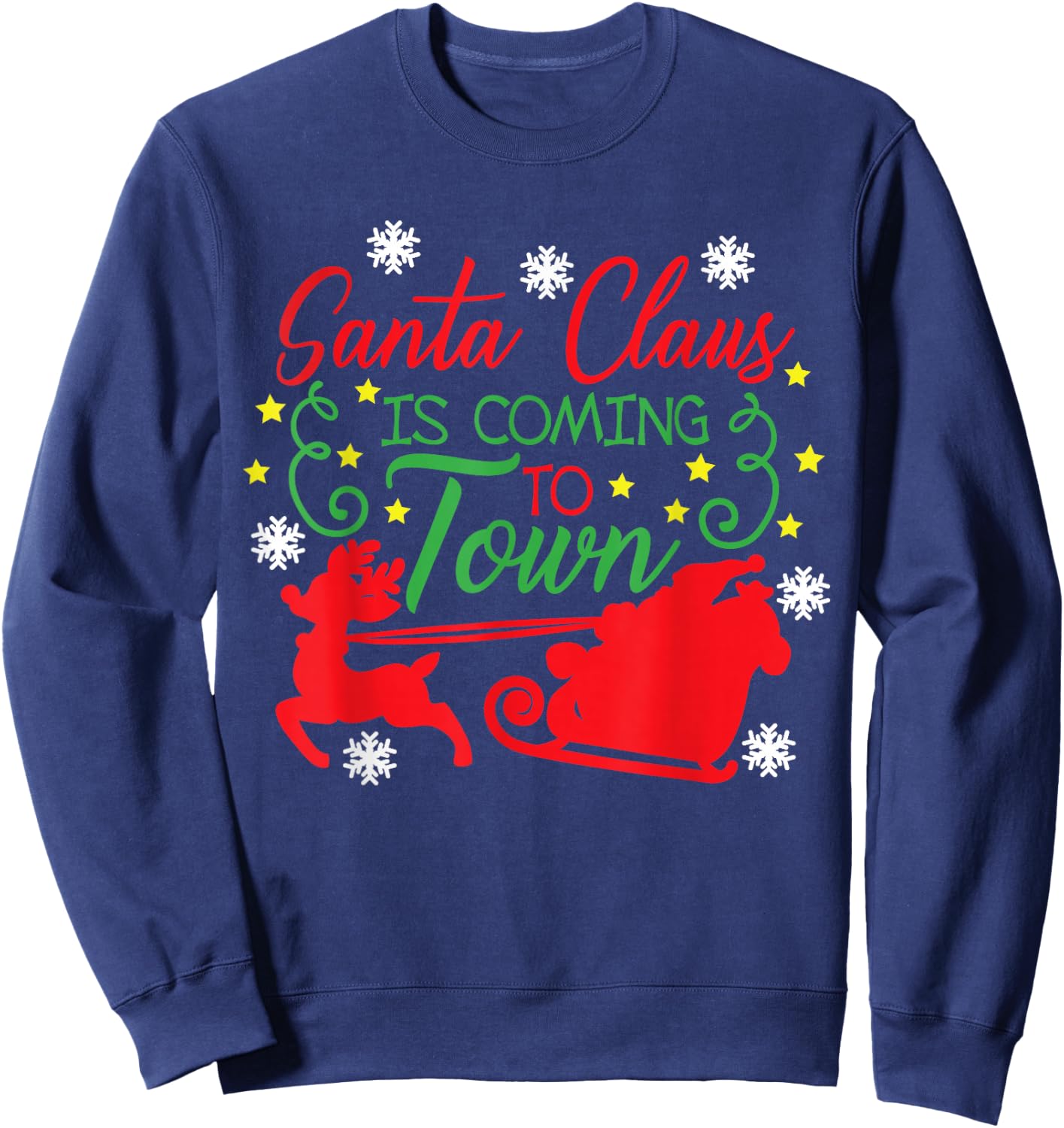 Santa Claus Is Coming To Town Flying Reindeer Snowflakes Sweatshirt - Sweatshirt | Navy
