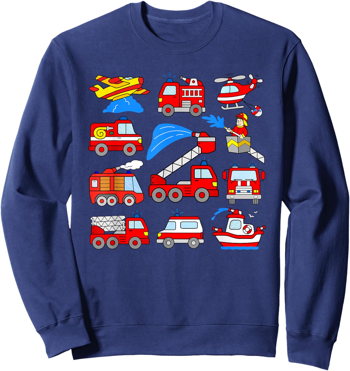 Firetrucks Toddler Rescue Vehicles Fireman Trucks Boat Plane Sweatshirt - Sweatshirt | Navy