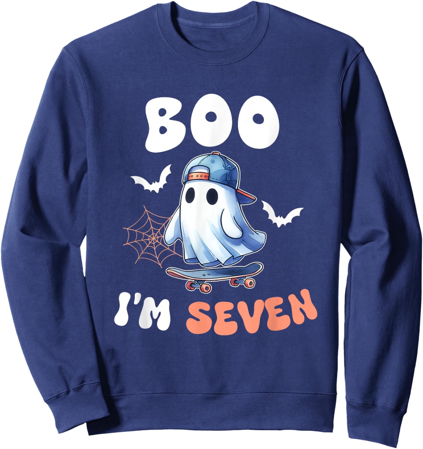 Boo I'm Seven Ghost Skateboard 7th Birthday Halloween Boys Sweatshirt - Sweatshirt | Navy