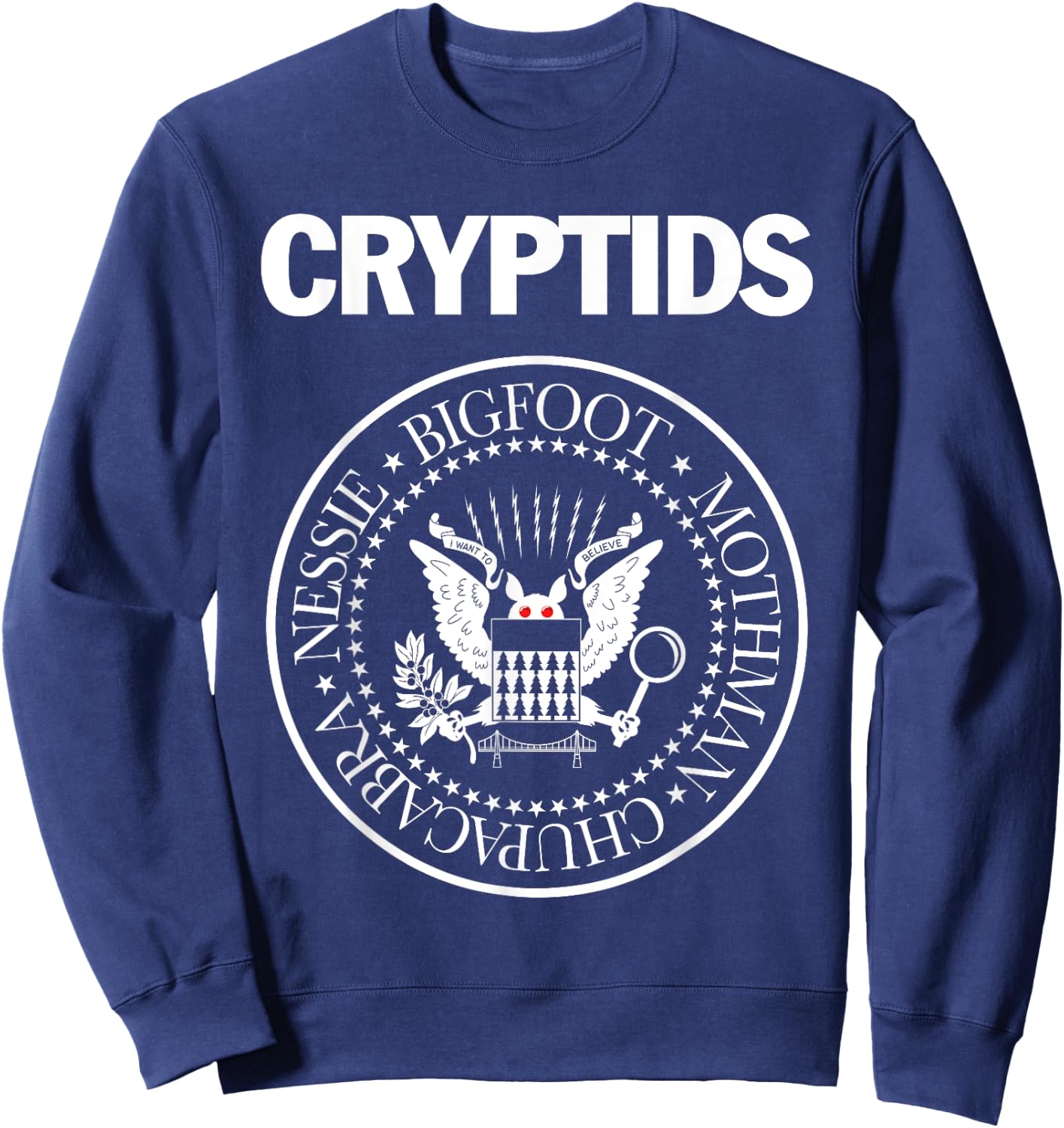 CRYPTIDS – Bigfoot Mothman Nessie Chupacabra Parody Punk Sweatshirt - Sweatshirt | Navy