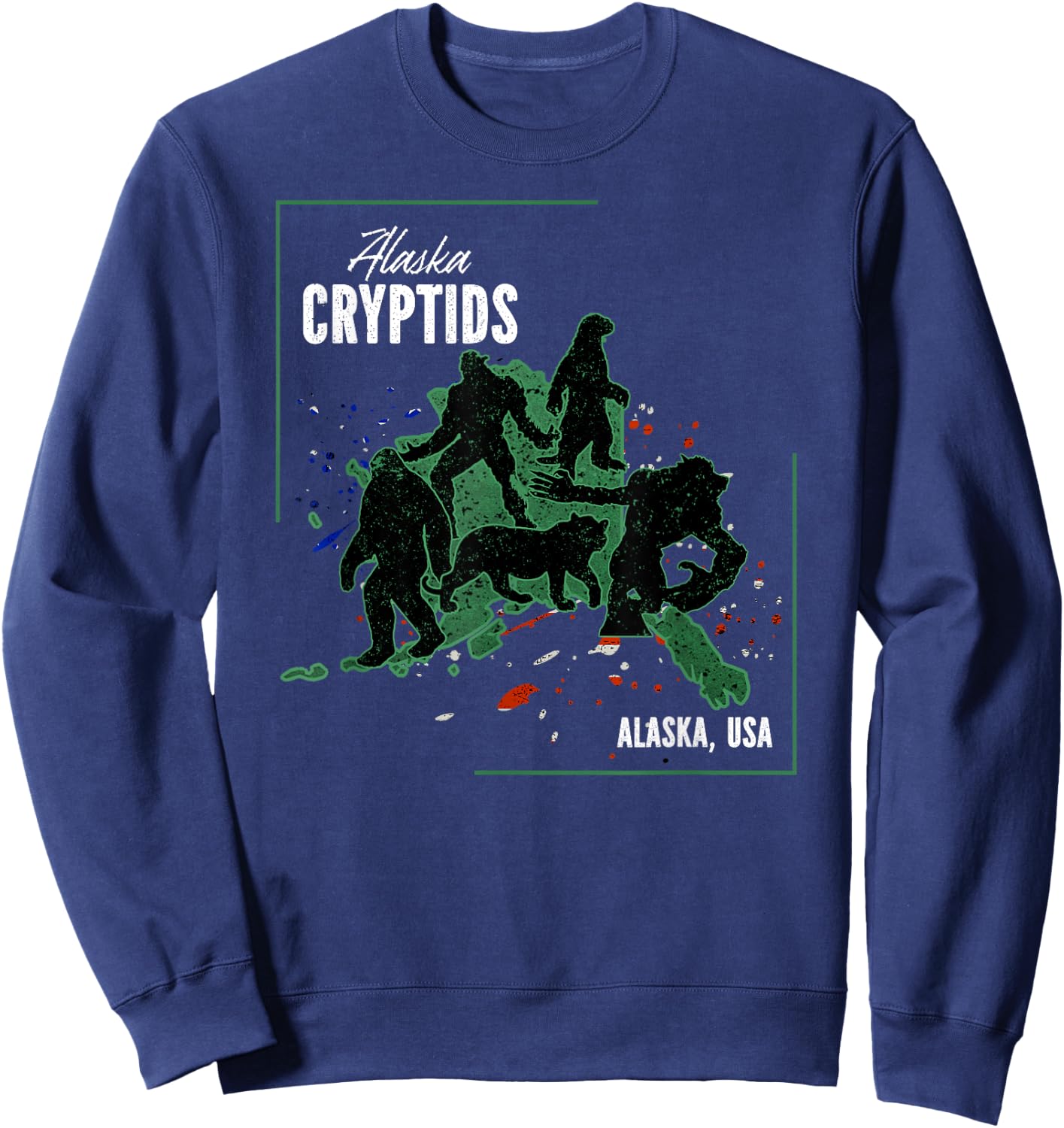 Cryptid Map of Alaska - The Otterman, Bigfoot, Giant, Tiger Sweatshirt - Sweatshirt | Navy