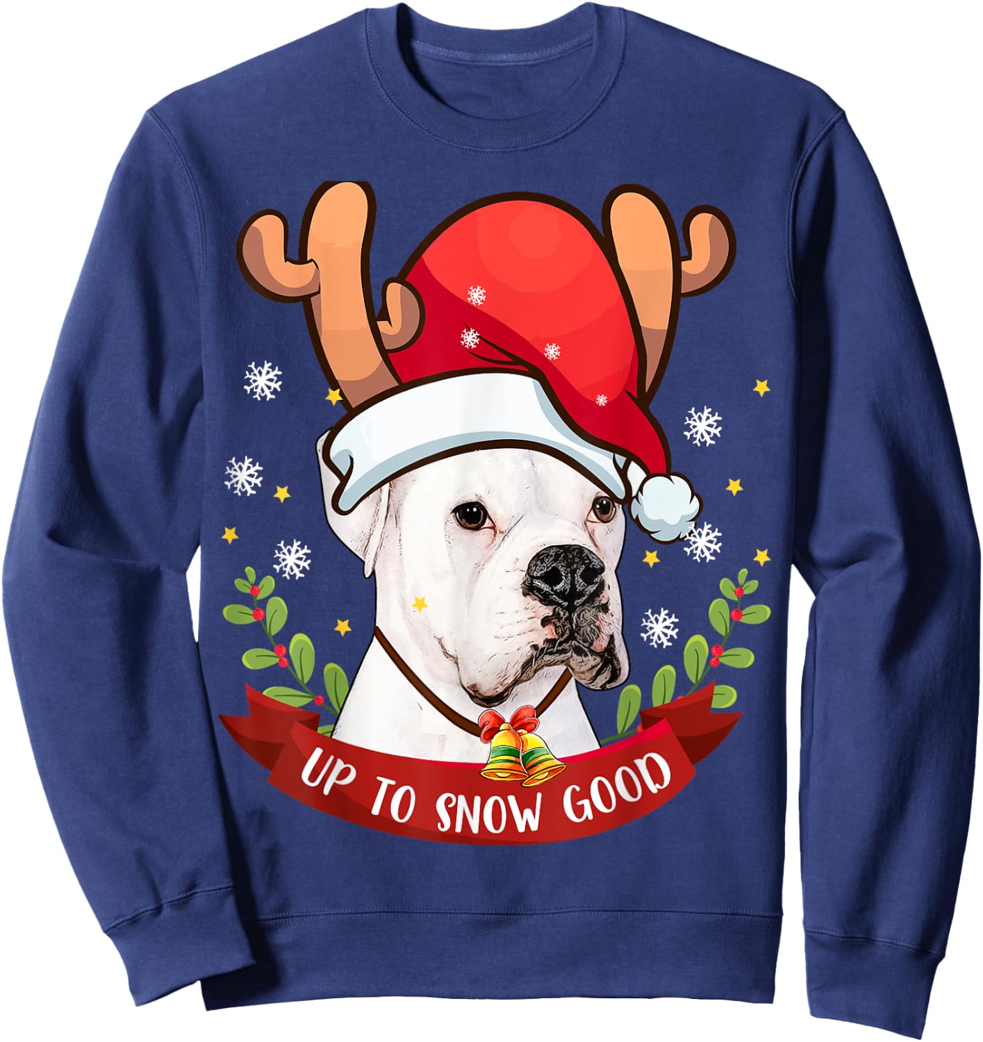 White Boxer Dog Reindeer Christmas Gift Boys Girls Kids Sweatshirt - Sweatshirt | Navy